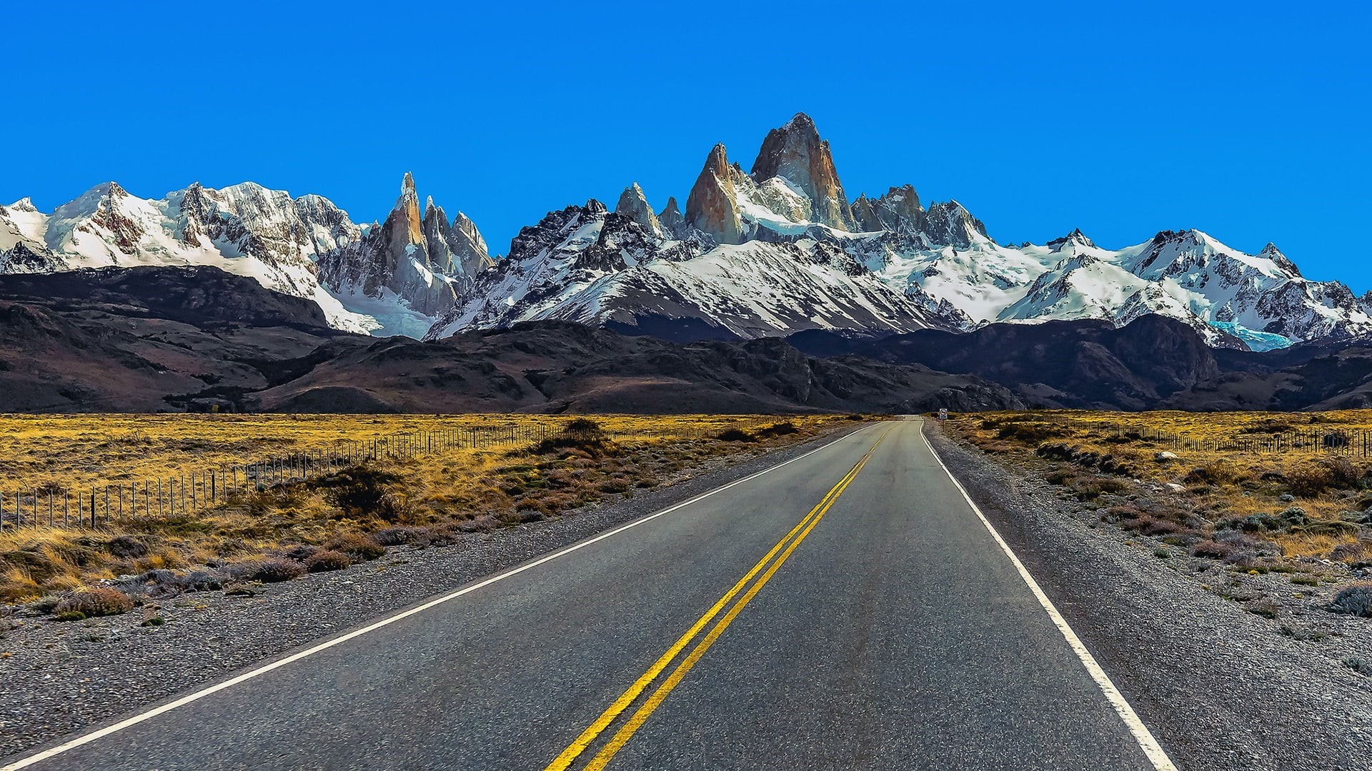 wilderness, mountain peak, cerro fitzroy, highway, landscape, nature, marking, transportation, asphalt, national park, mountain, no people, mount fitz roy, HD Wallpaper