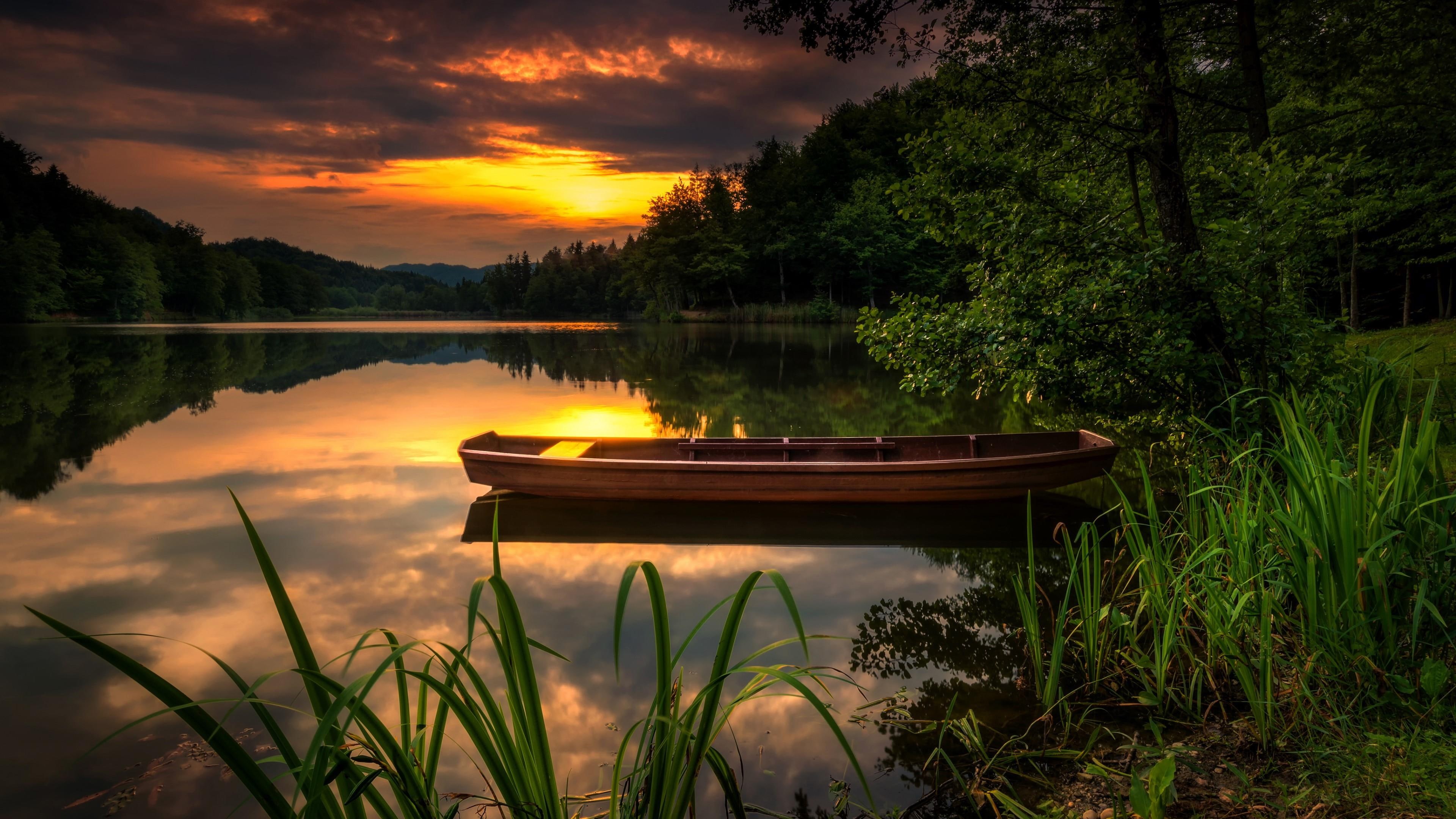 reeds, 4K, shore, lake, sunset, boat, HD Wallpaper