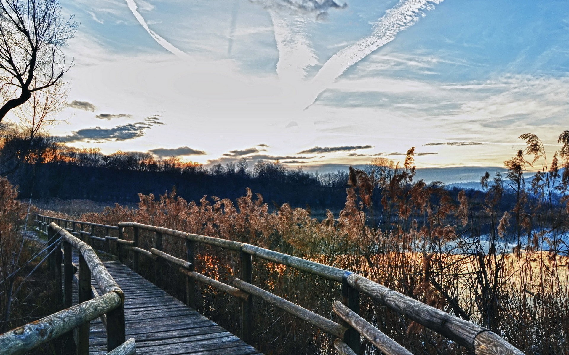 cloud - sky, railing, transportation, direction, landscape, no people, reeds, wooden bridge, tranquil scene, non-urban scene, scenics - nature, beauty in nature, HD Wallpaper