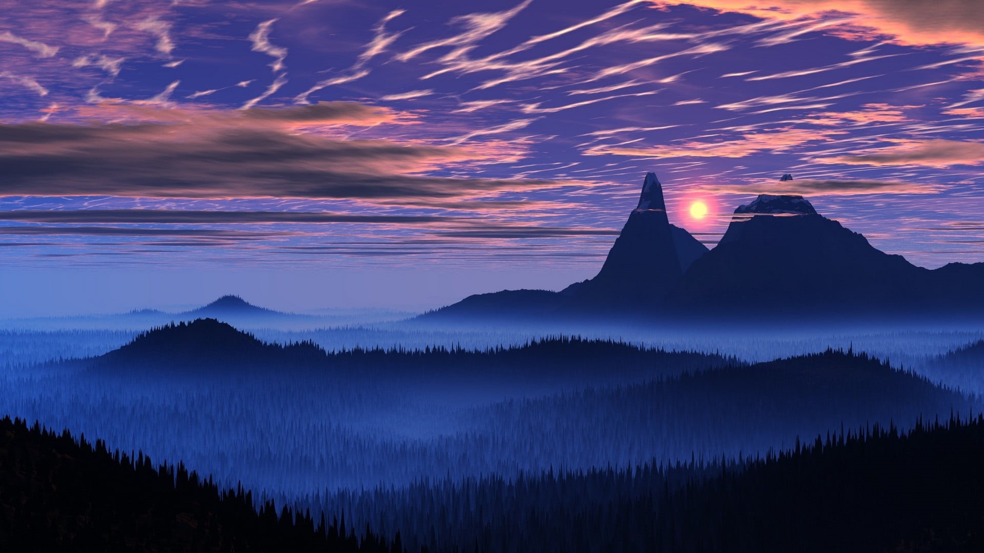 mountain peak, environment, valley, cloud - sky, lake, foggy, tranquil scene, tranquility, travel destinations, sun, blue, mist, sunset, water, outdoors, HD Wallpaper