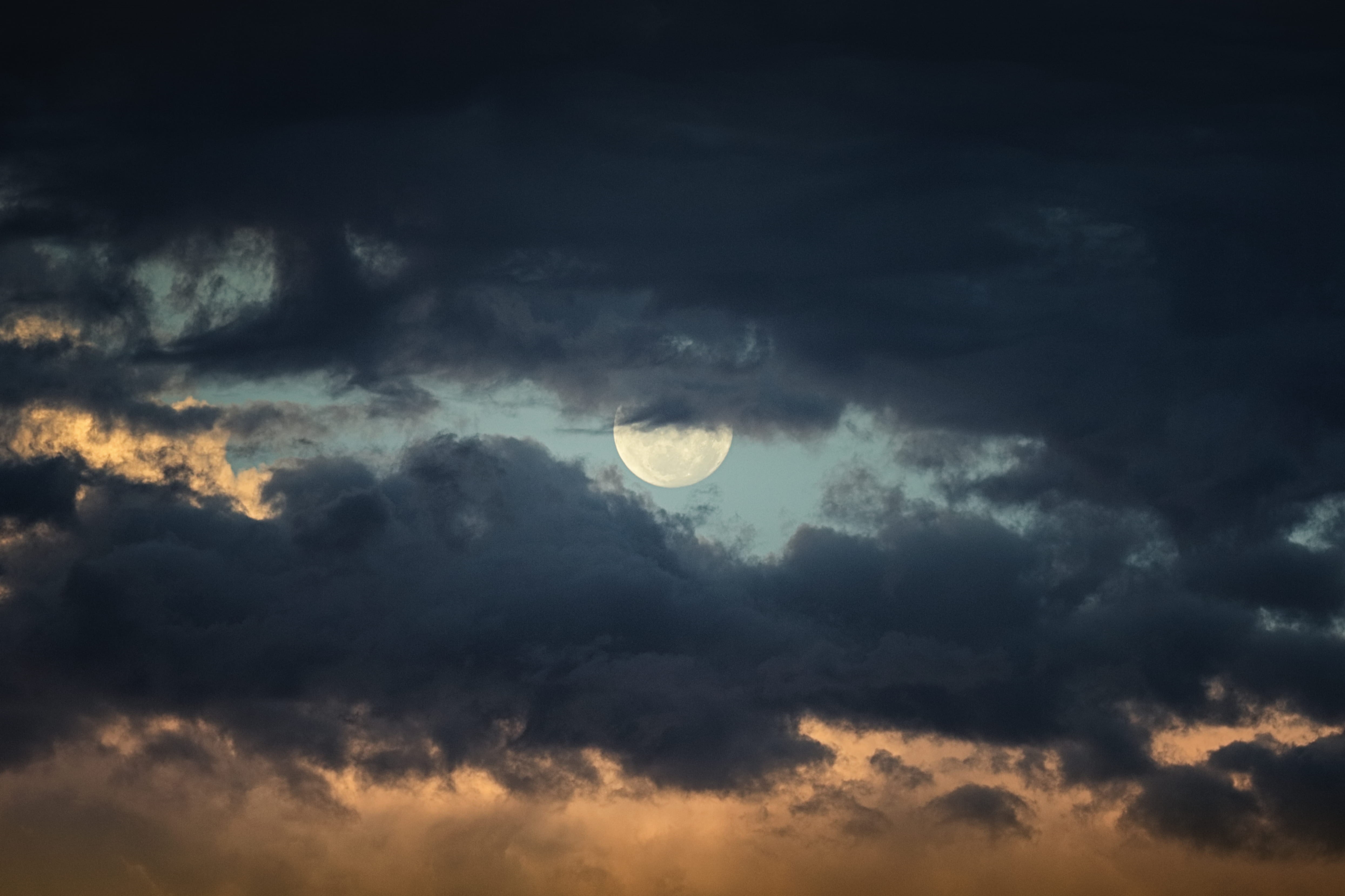 clouds, sky, night, in the clouds, dramatic sky, cloud - sky, no people, full, moonlight, tranquility, lunar, fullmoon, astronomy, dark, tranquil scene, HD Wallpaper