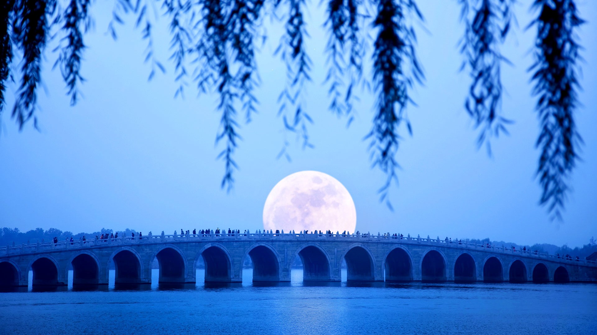 moonrise, Summer Palace, China, Beijing, lake Kunming, seventeen arch bridge, 1080P, HD Wallpaper