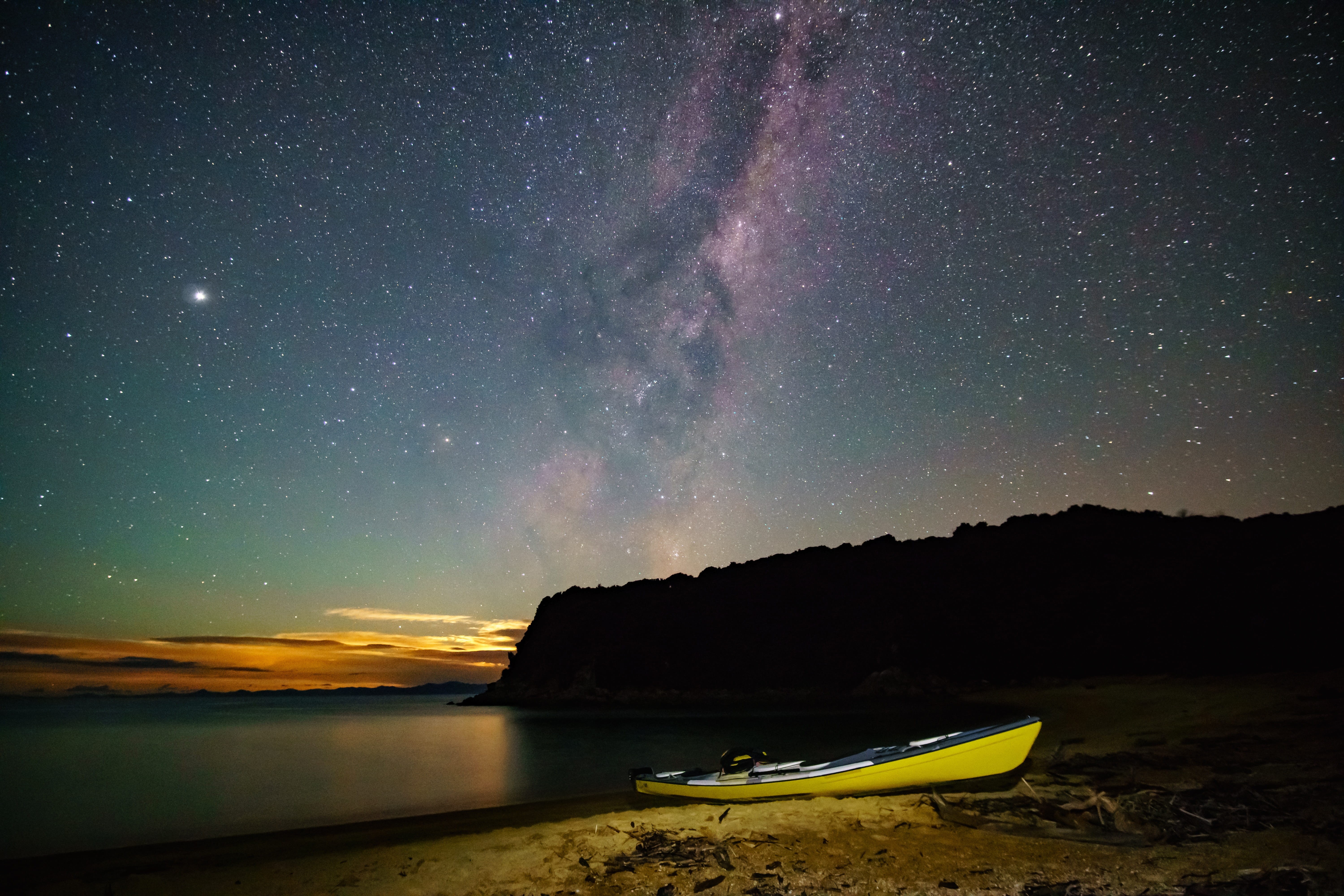 moonrise, scenic, kayak, milky way, land, water, nature, ocean, no people, tranquil scene, galaxy, idyllic, 5K, bay, star - space, abel tasman, outdoors, HD Wallpaper