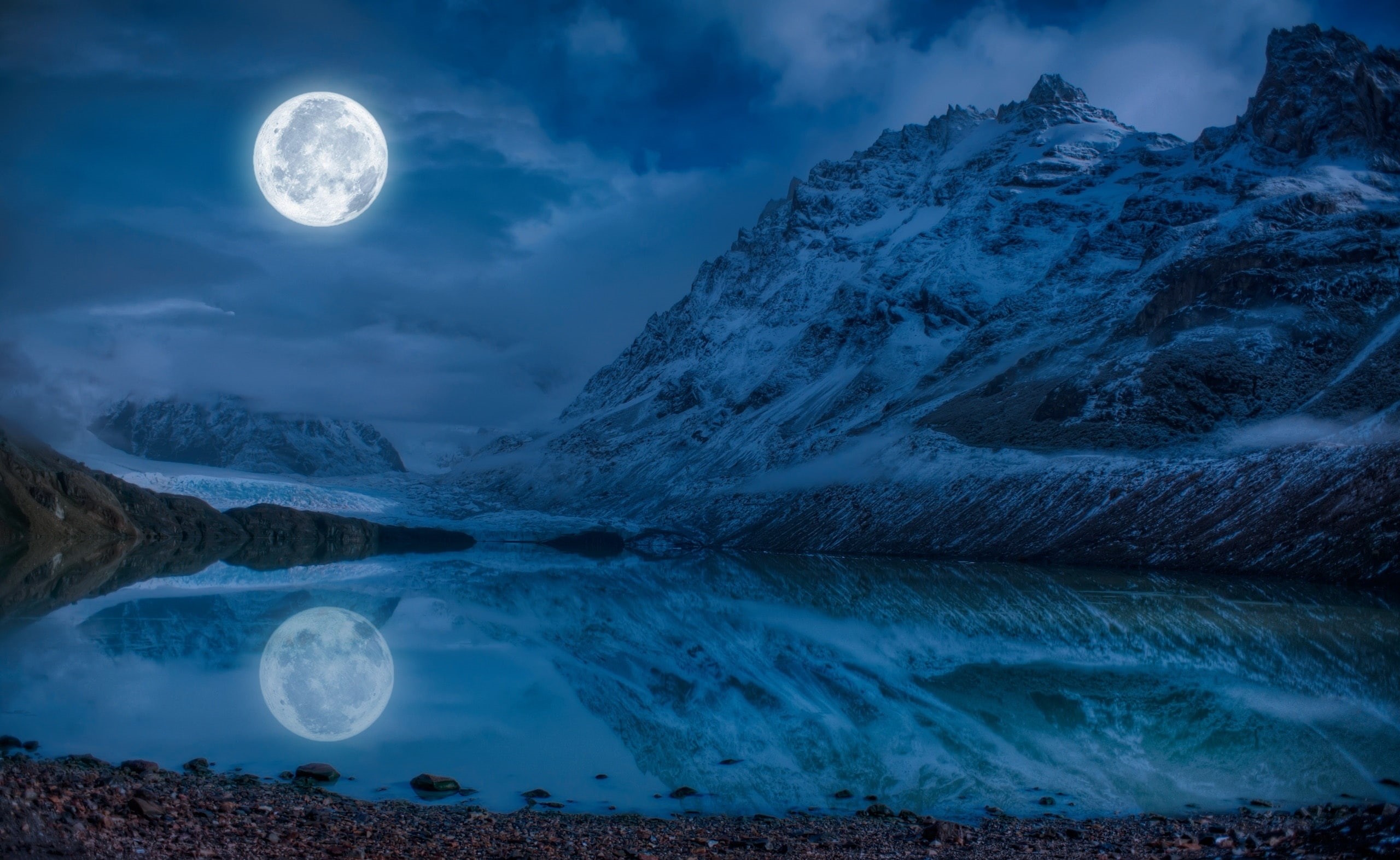 cloud - sky, Moonrise, astronomy, Winter, sky, Water, Sun and Sky, full, cold temperature, Clouds, Nature, Lake, landscape, snow, mountain, digital composite, HD Wallpaper