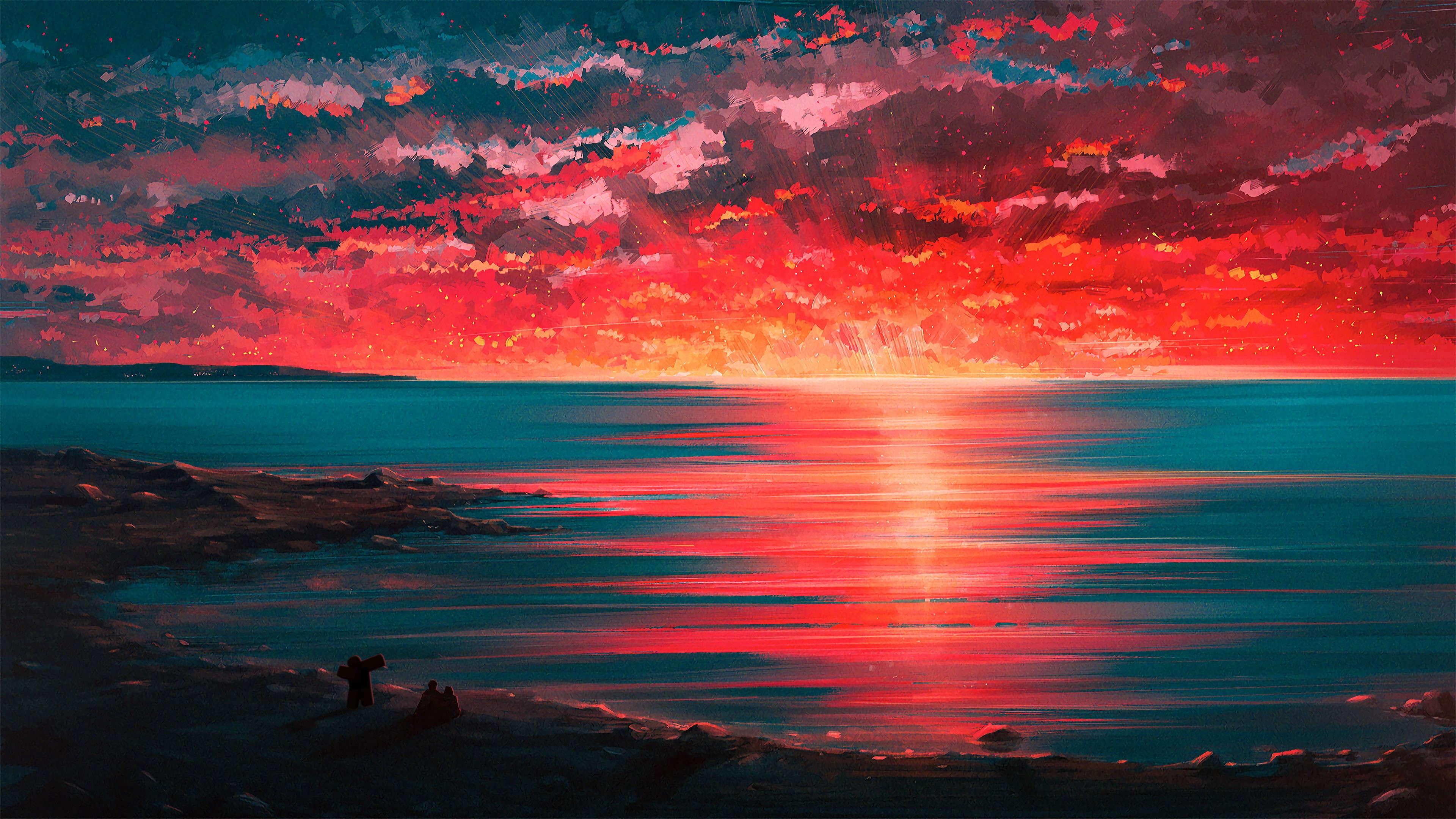 4K, Beach, Horizon, Couple, Speed paint, painting, Sunset, Digital art, 4K, Seaside, HD Wallpaper