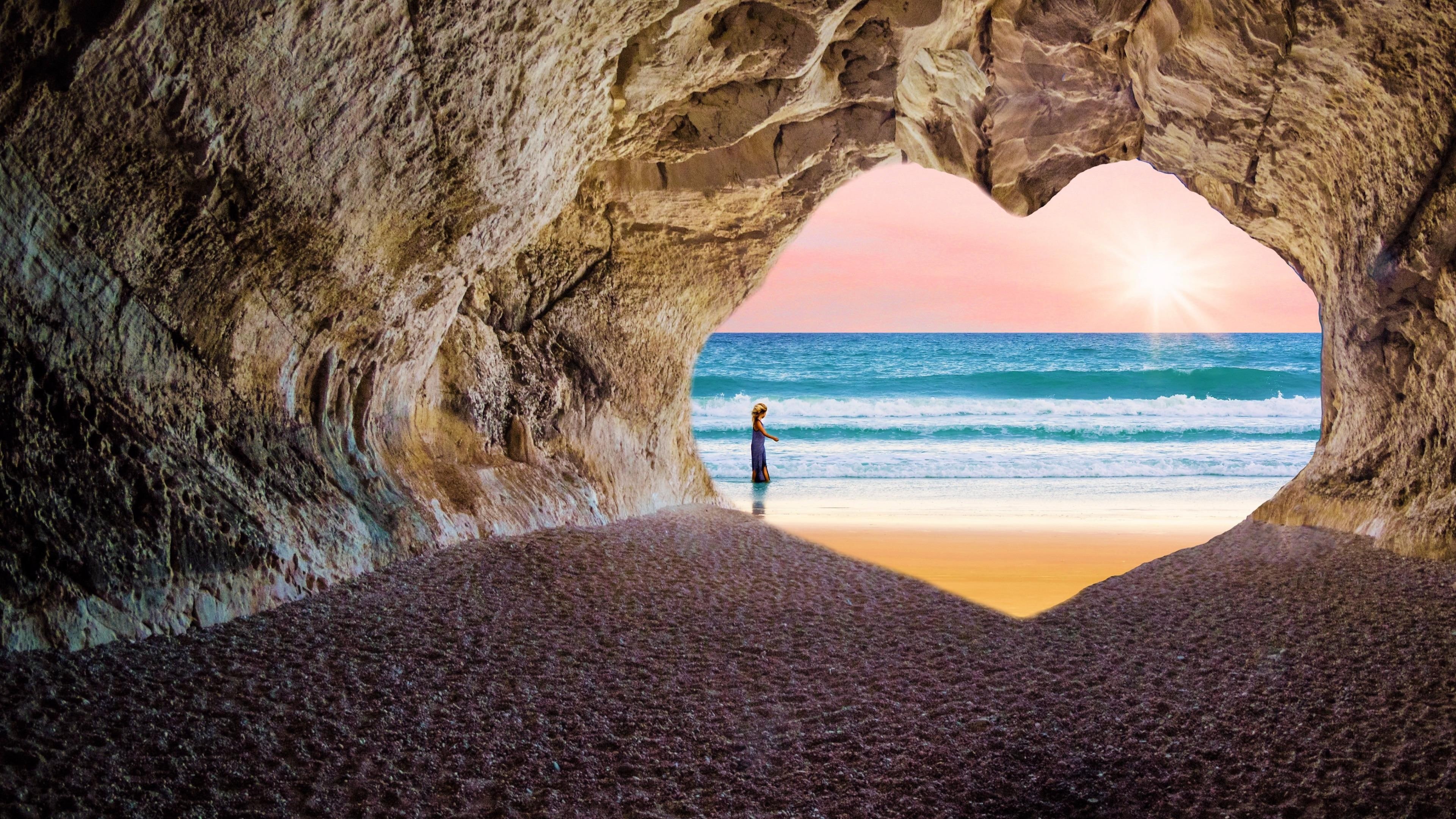 sunset, horizon, formation, heart, sea, coast, seascape, 4K, rock, sea cave, fantasy, ocean, girl, seaside, sky, illustration, fantasy art, water, cave, HD Wallpaper