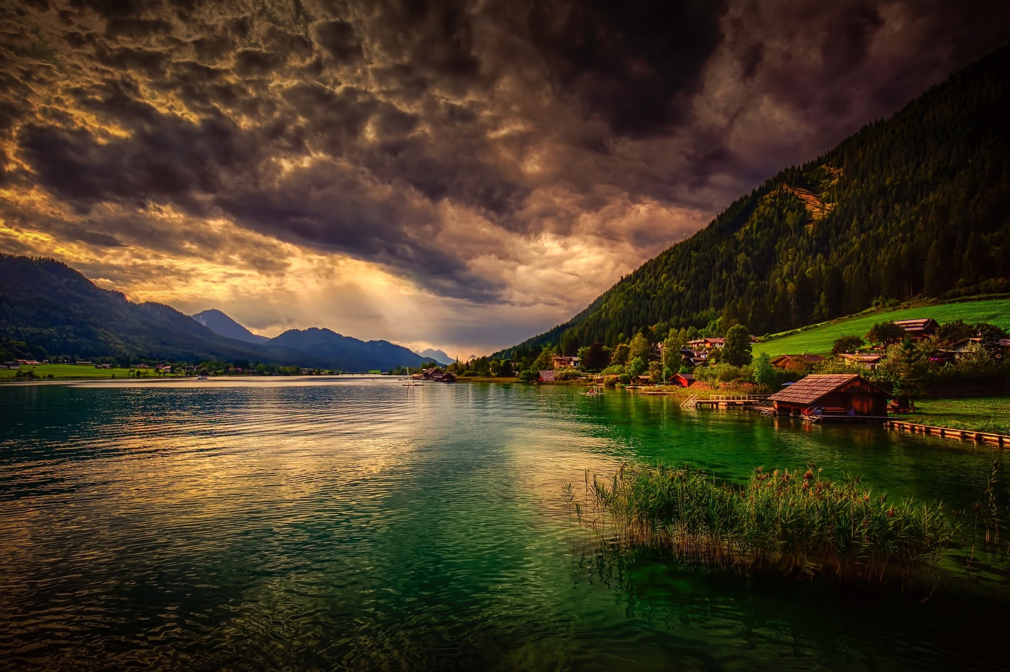 landscape, water, mountain, tranquility, nature, reflection, 1080P, sunset, mountain range, lake, mountains, tree, non-urban scene, cloud - sky, seaside, HD Wallpaper