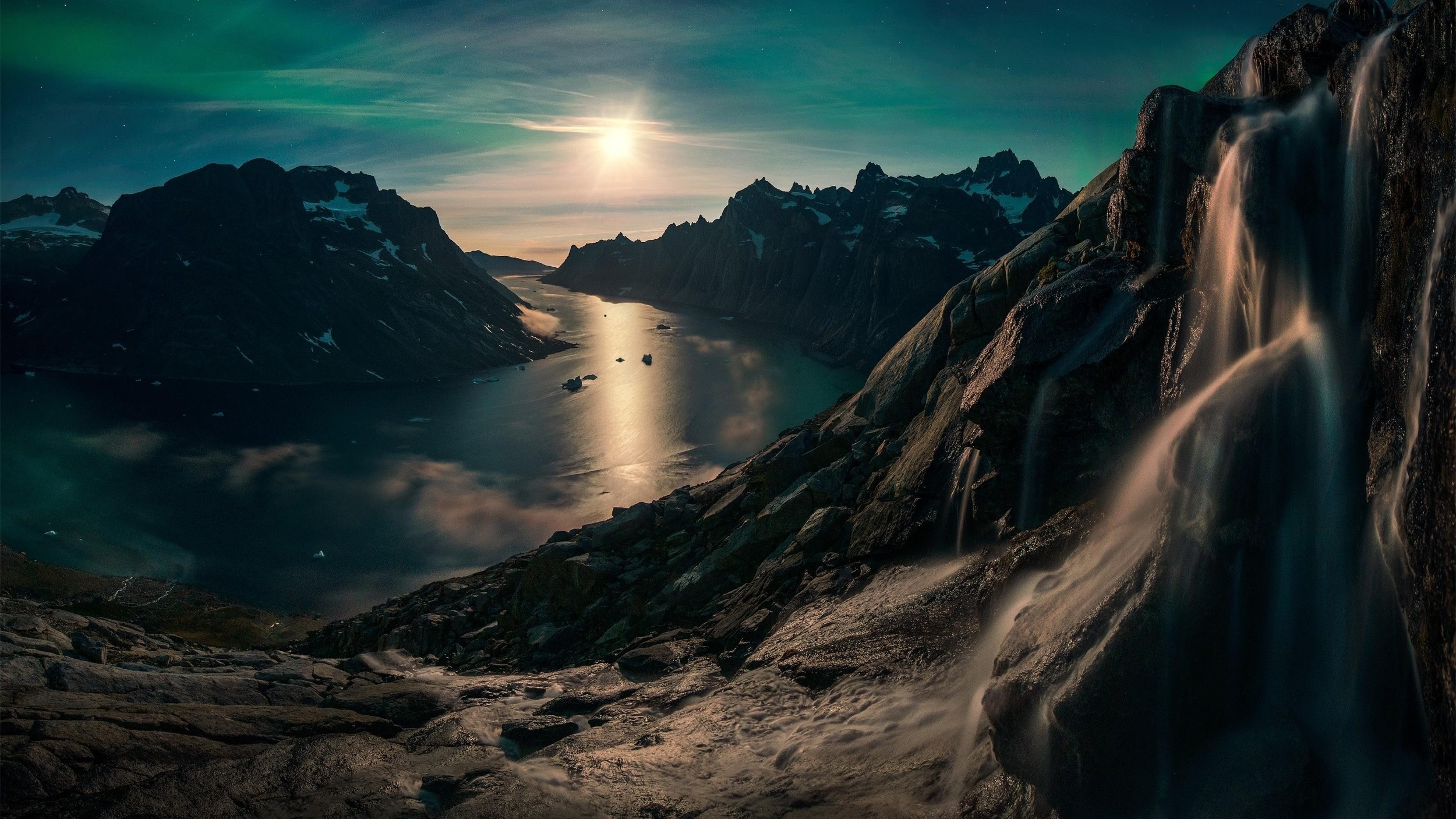moonlit, waterway, cliff, fjord, greenland, 4K, moonlight, landscape, stordalens havn, mountain, torssukatak fjord, night, darkness, rock, nature, river, HD Wallpaper