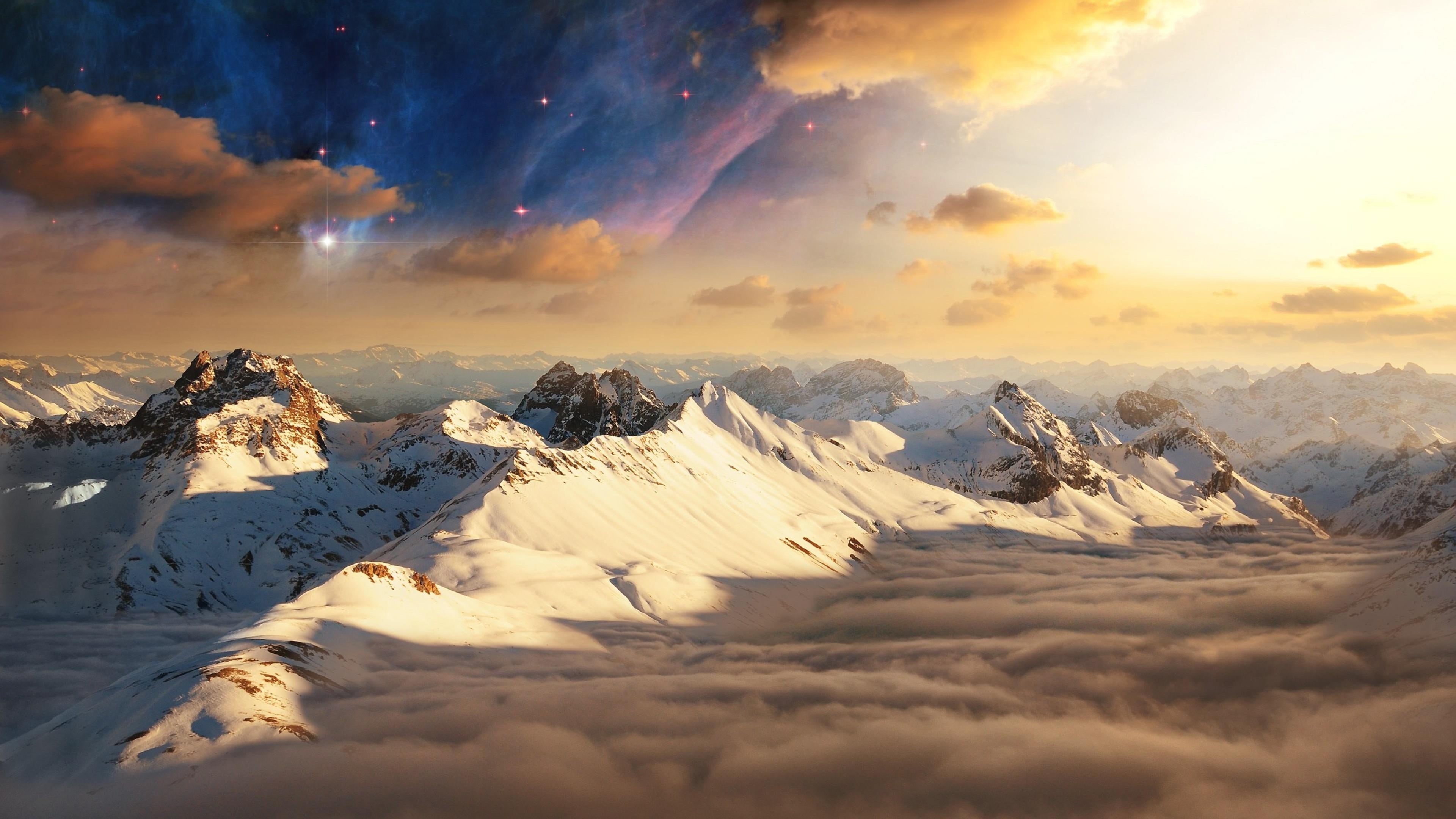 peak, scenics - nature, snowcapped mountain, 4K, beauty in nature, clouds, tranquility, sunset, nature, starry sky, snowy, snow, sun, cold temperature, HD Wallpaper
