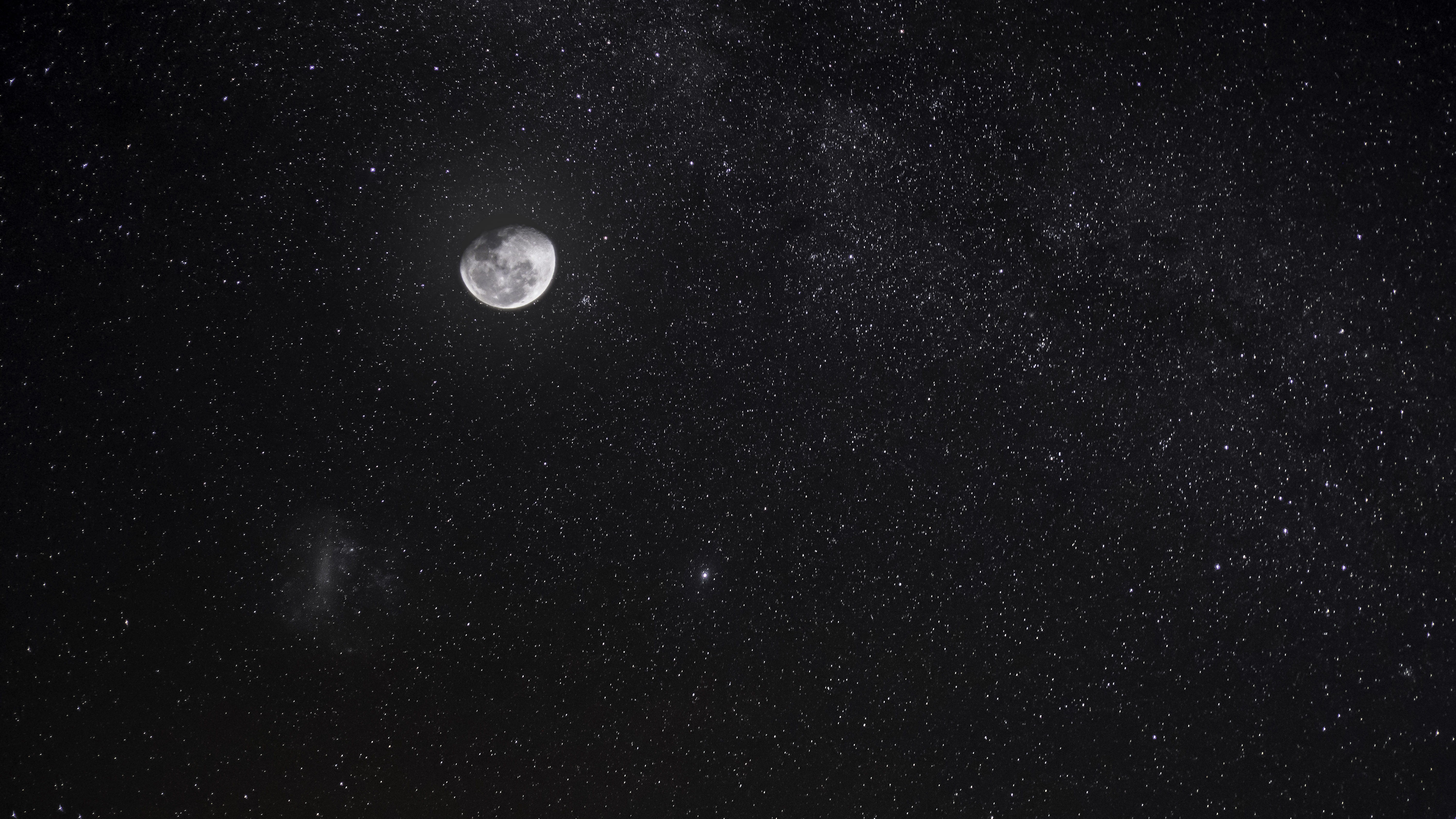constellation, moon, milky way, outdoors, planetary moon, scenics - nature, tranquility, 5K, night sky, dark, milky, astro, infinity, low angle view, time, HD Wallpaper