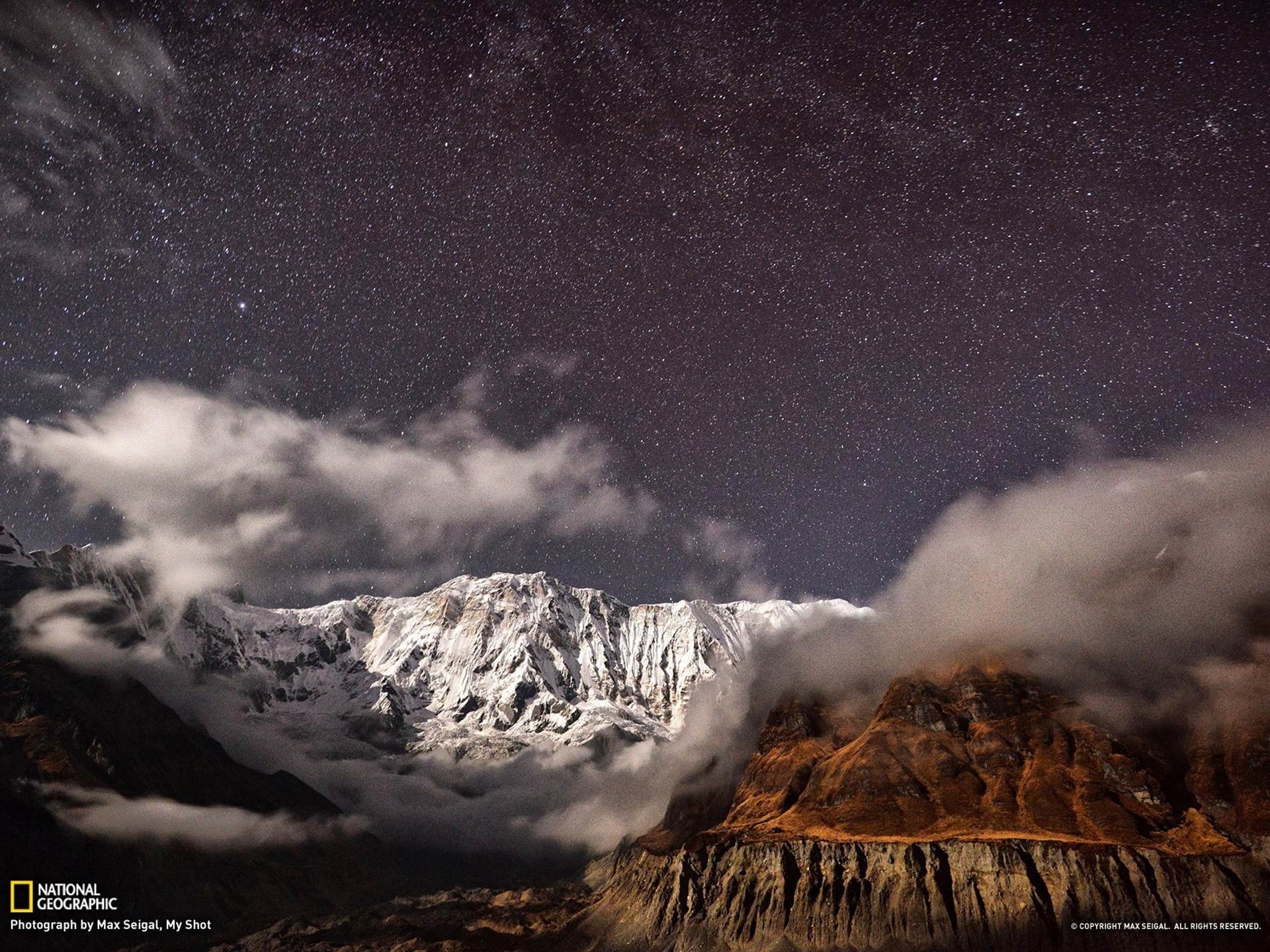 star - space, power in nature, cold temperature, cloud - sky, snow, beauty in nature, non-urban scene, geographic, night, snowcapped mountain, 1080P, tranquility, HD Wallpaper
