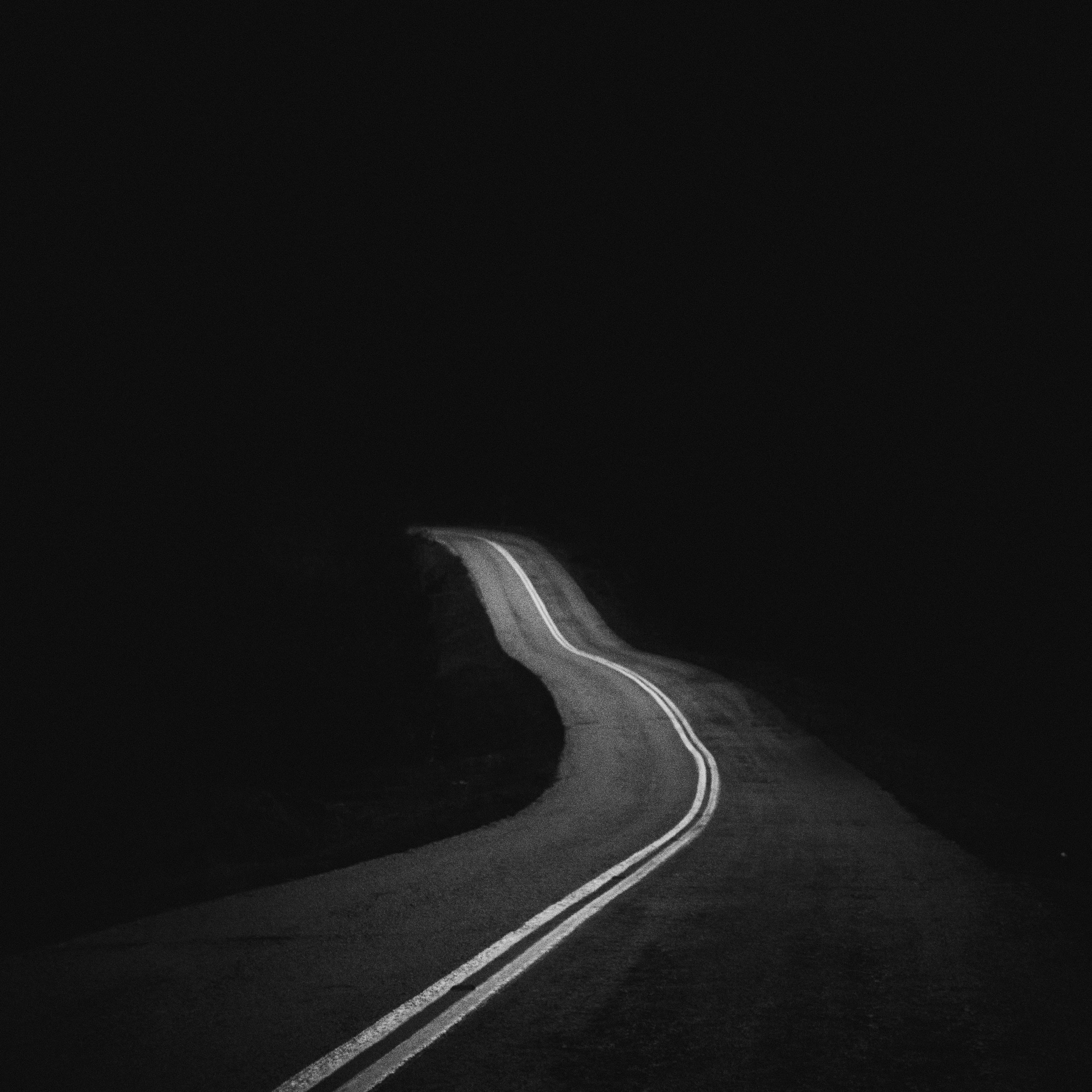 bend, landscape, eery, outdoors, black, minimal, mountain, vanishing Point, speed, hill, dark, unknown, remote, multiple Lane Highway, scenics, road Trip, Phone HD Wallpaper