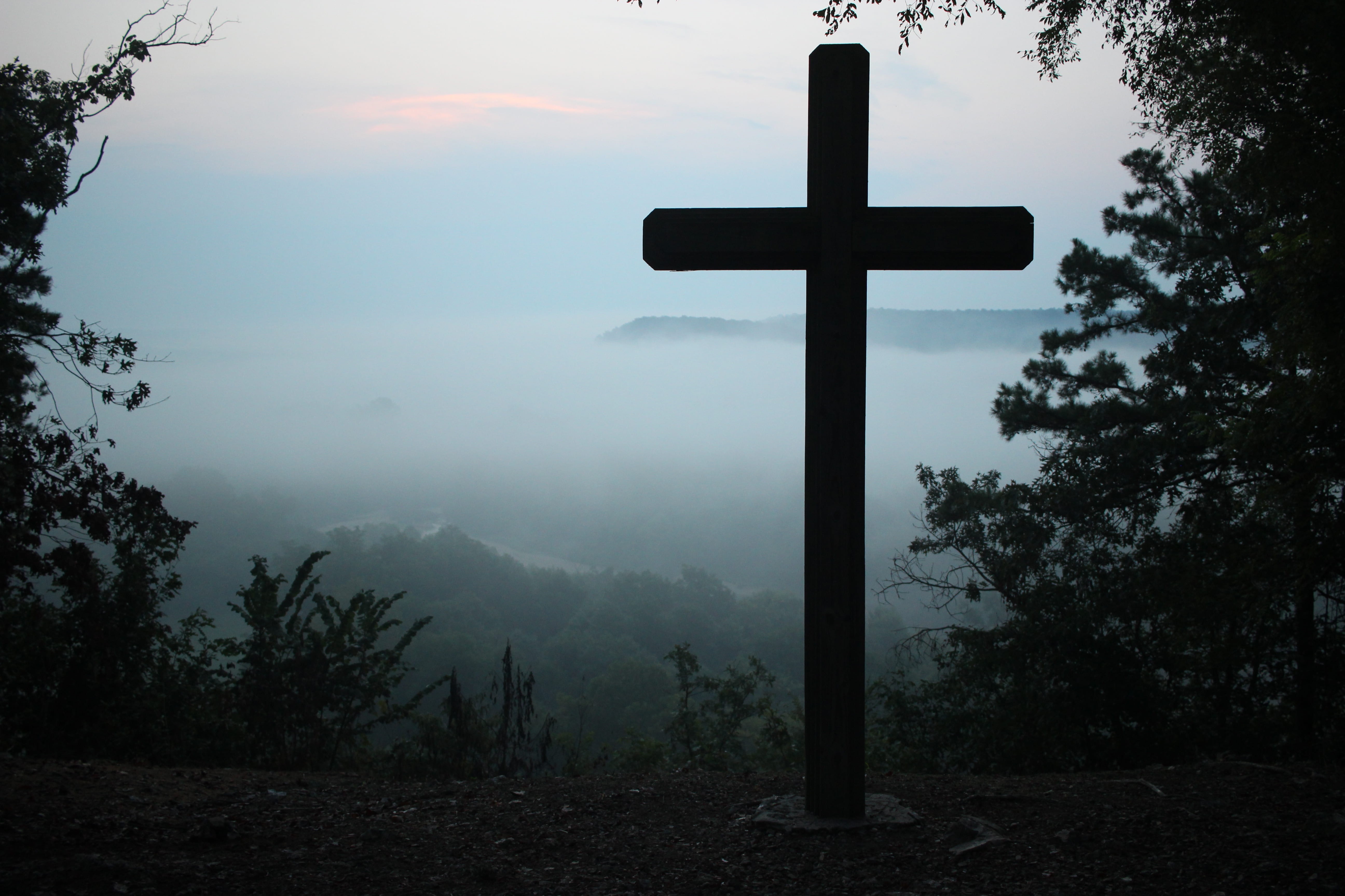 crucifix, brown, beauty in nature, cloud, statue, religious equipment, belief, mist, plant, cross, tree, idyllic, surrounded, religion, landscape, eerie, HD Wallpaper