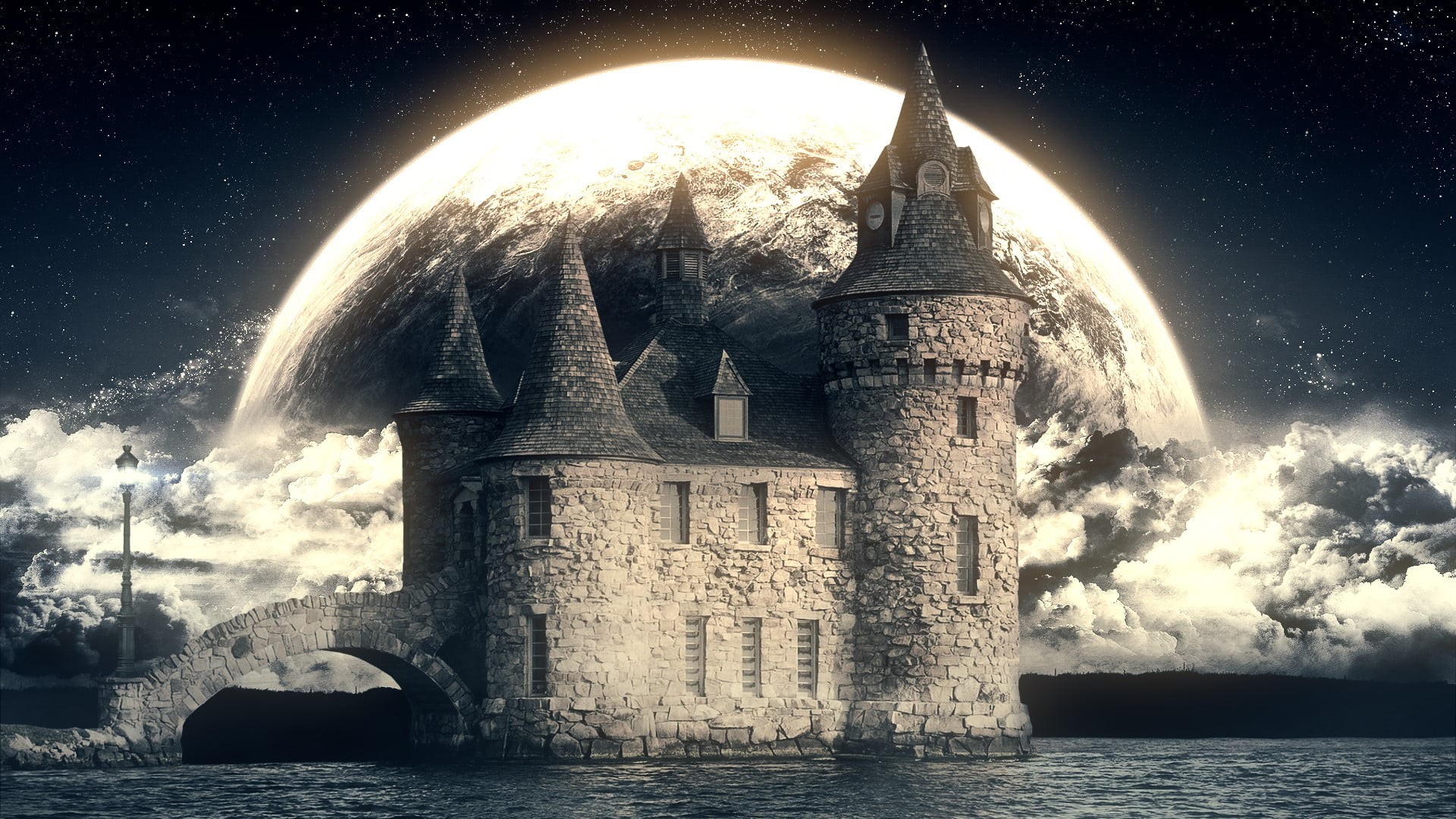 astronomy, sky, religion, nature, built structure, water, outdoors, digital composite, travel, castle, digital, the past, 1080P, travel destinations, HD Wallpaper