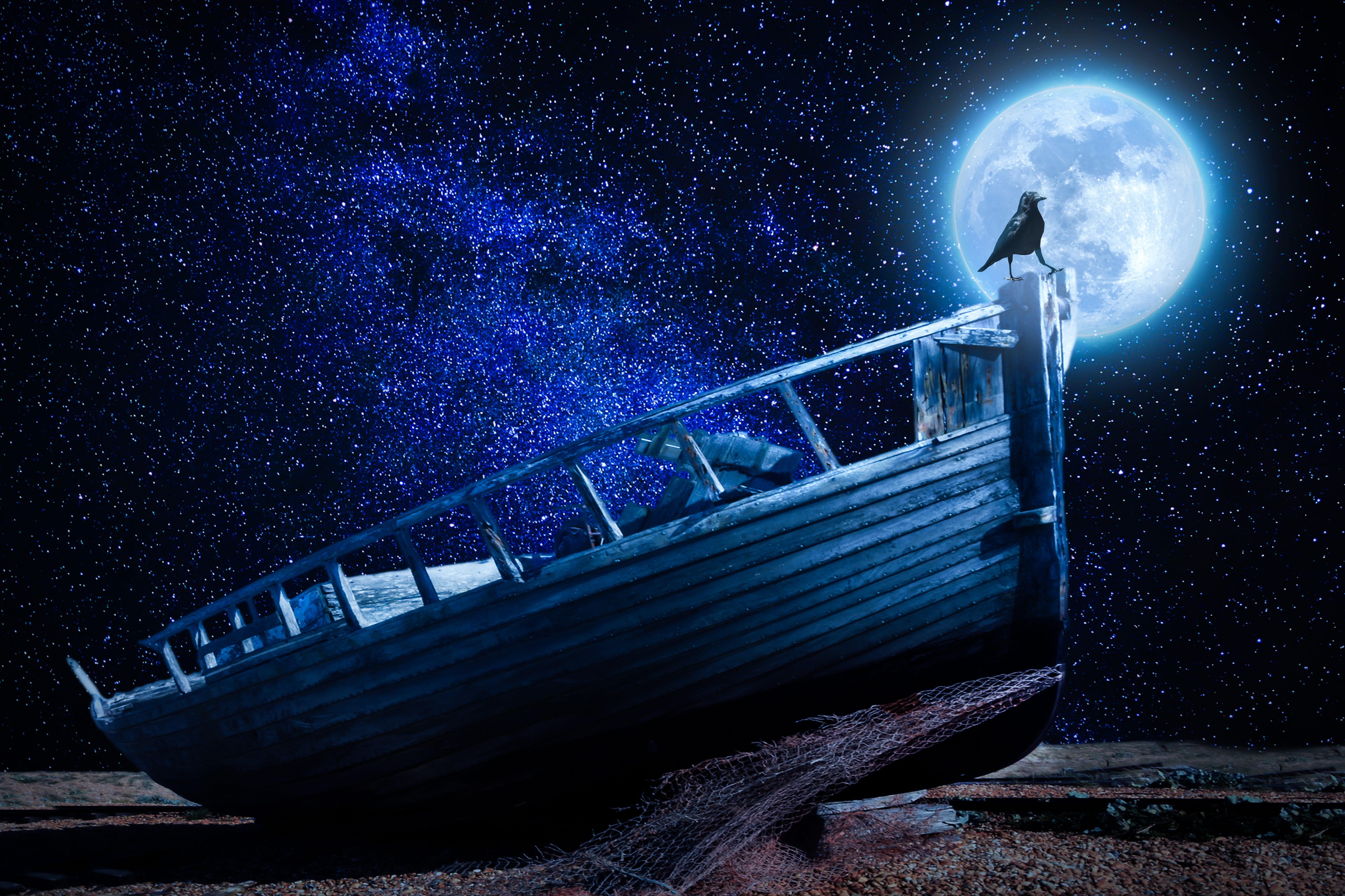 milkyway, mood, wooden, black, boot, pebble beach, starry sky, silent, steps and staircases, fishing net, built structure, moonlight, low angle view, 5K, HD Wallpaper
