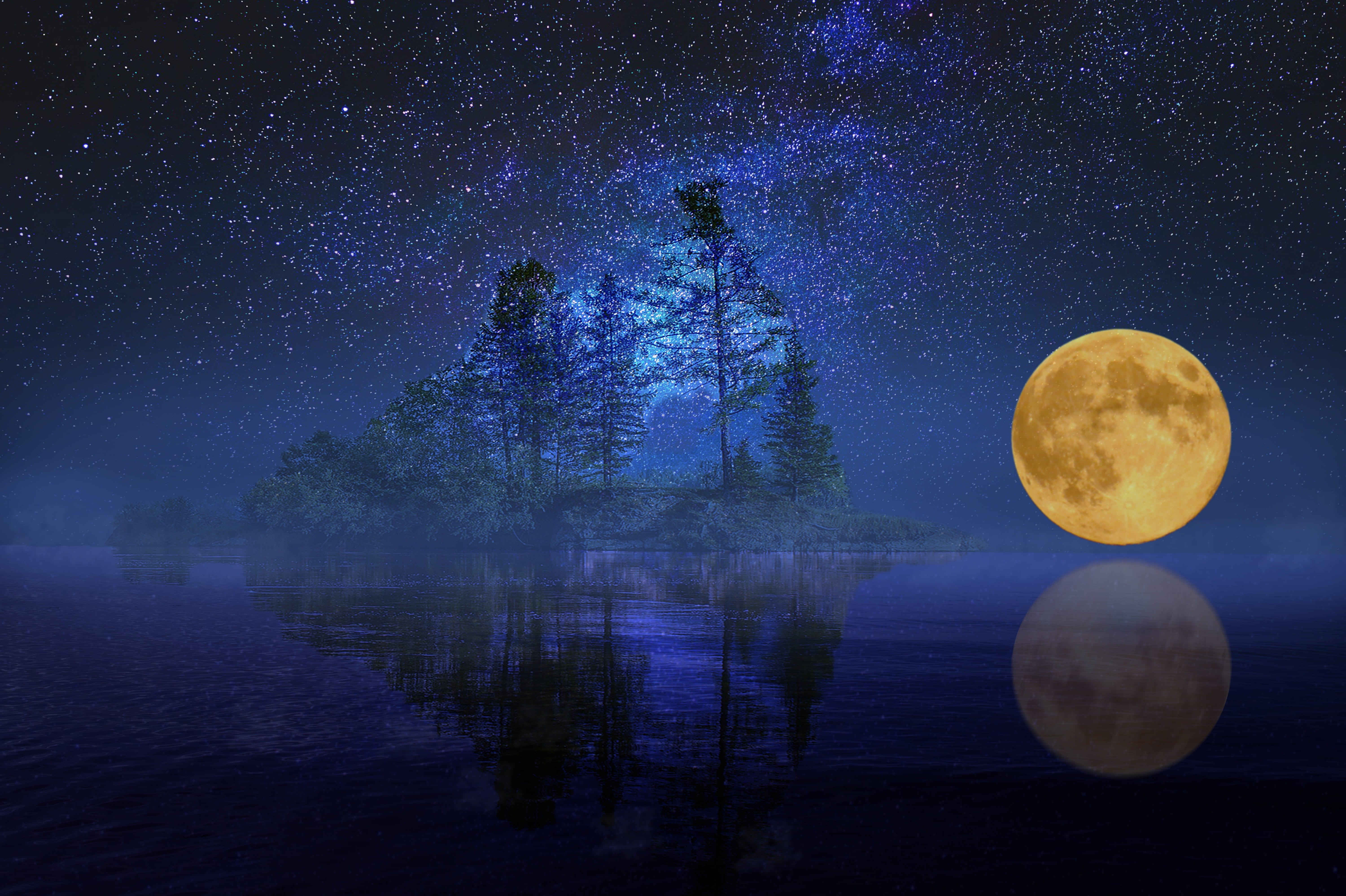 yellow, night, outdoors, tranquil scene, digital composite, bank, galaxy, tranquility, blue, star - space, landscape, plant, tree, beauty in nature, island, HD Wallpaper