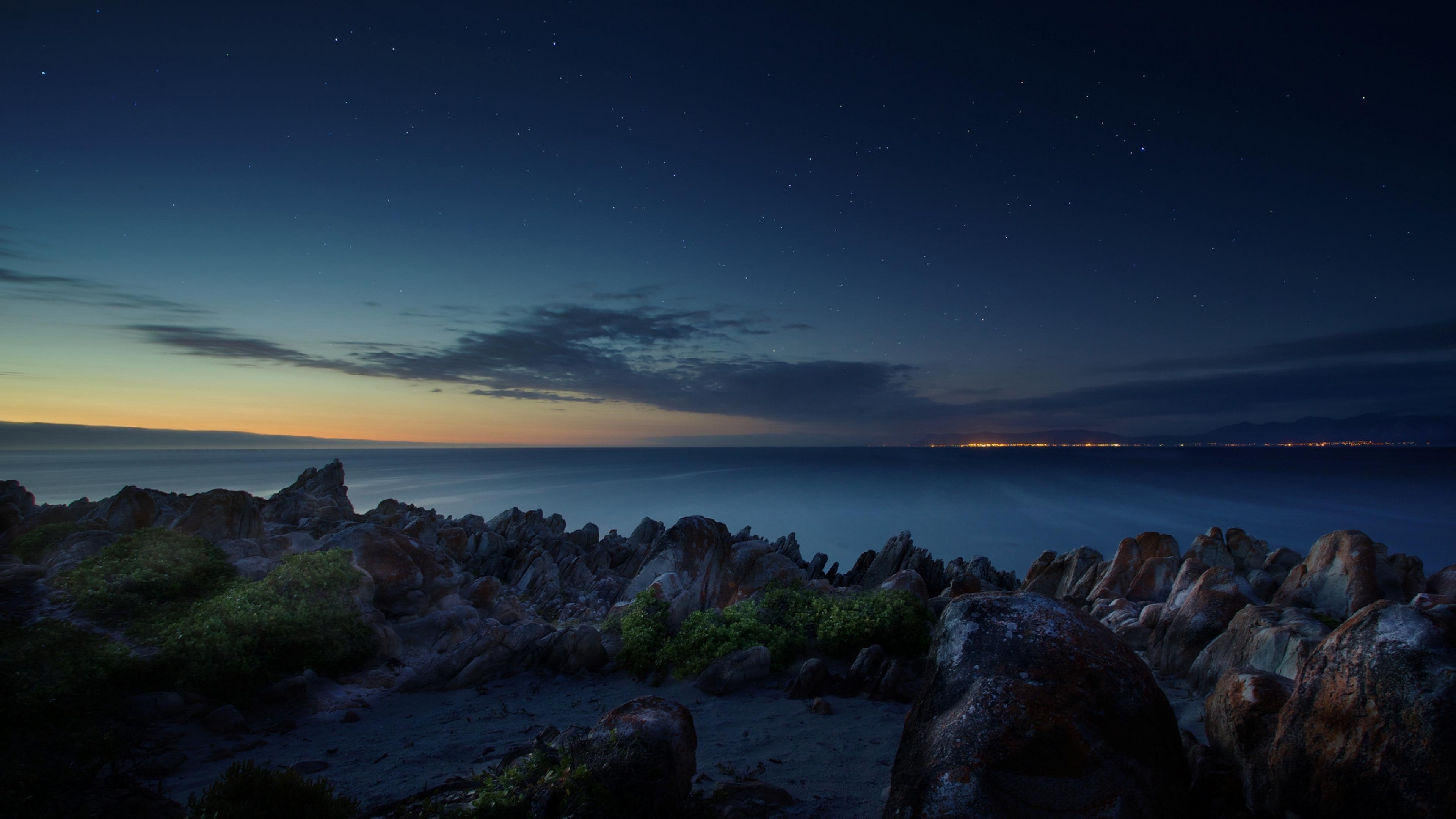 horizon, south africa, 4K, evening, night, sky, sea, starry sky, darkness, dusk, stars, shore, ocean, coast, twilight, HD Wallpaper