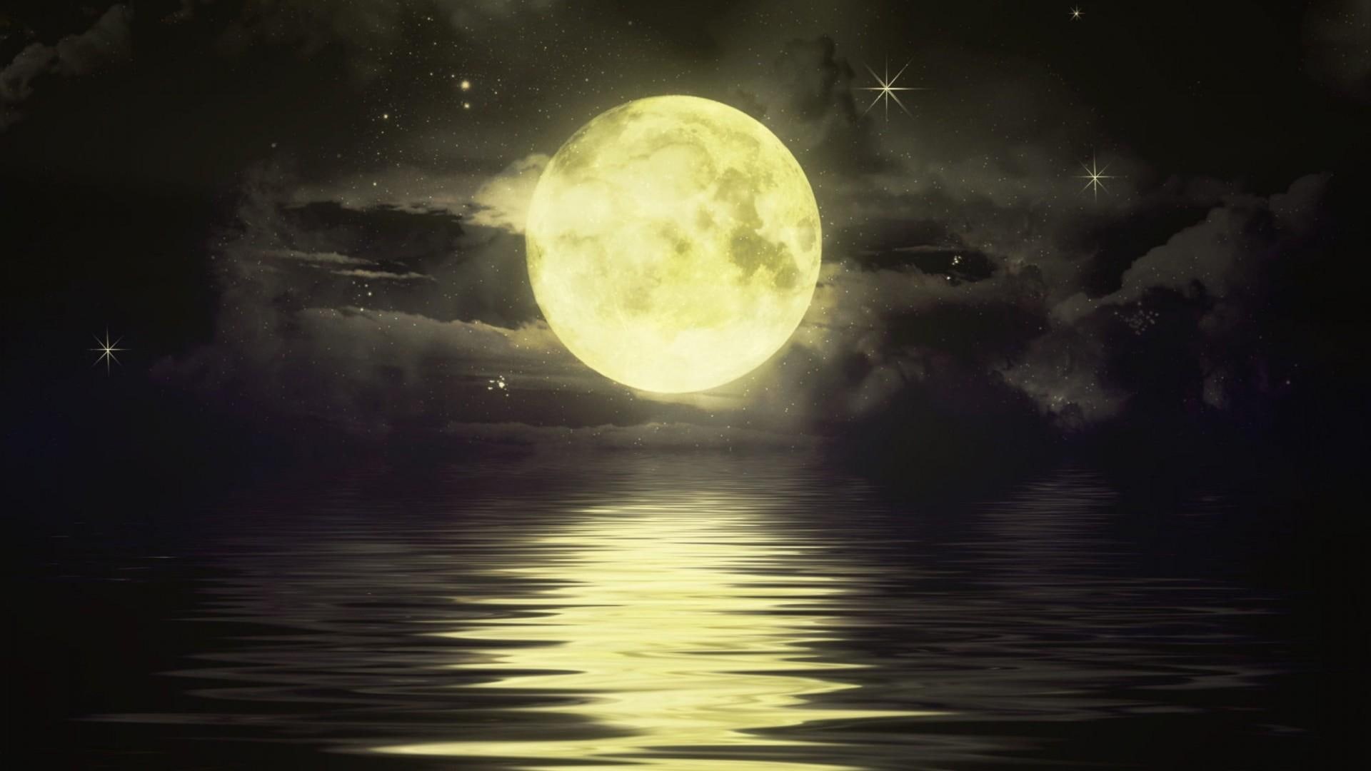 water, dark, night, reflection, moon, 1080P, big, sunset, nature and landscapes, HD Wallpaper