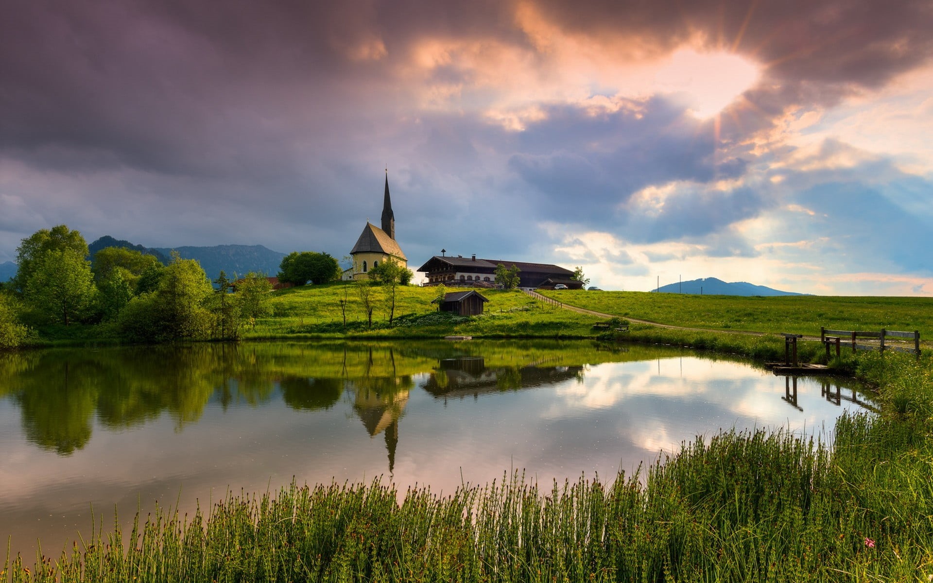no people, green color, 1080P, clouds, built structure, tranquil scene, nature, trees, Germany, scenics - nature, sky, temple, belief, reflection, place of worship, HD Wallpaper