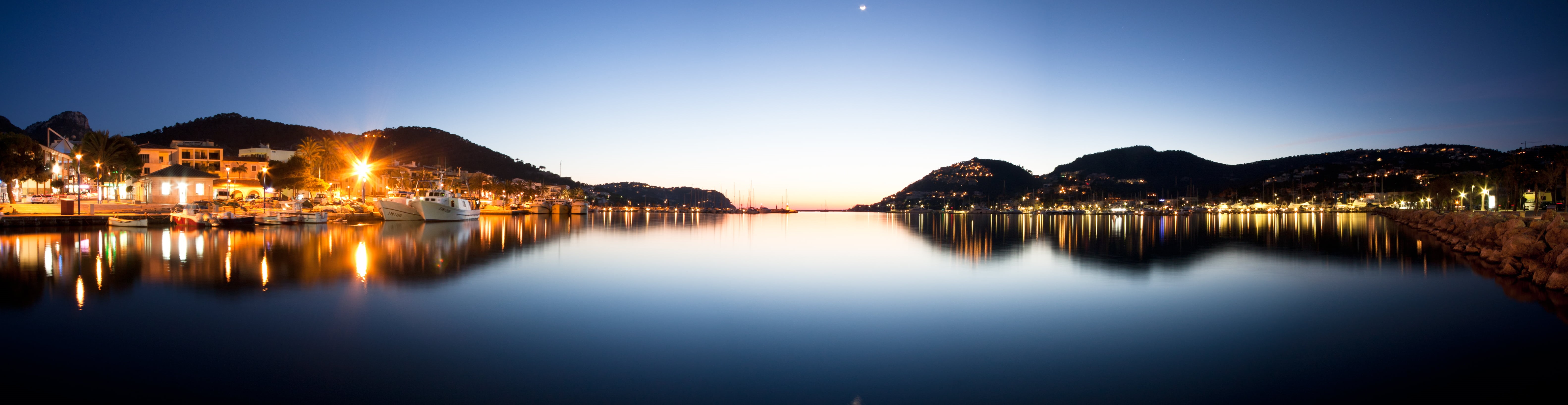 Majorca, Port, reflection, panorama photography, sunset, 5K, lake, nature, lighted, water, outdoors, dusk, Canon  450D, Night, travel, Sigma, 20mm, Mallorca, HD Wallpaper
