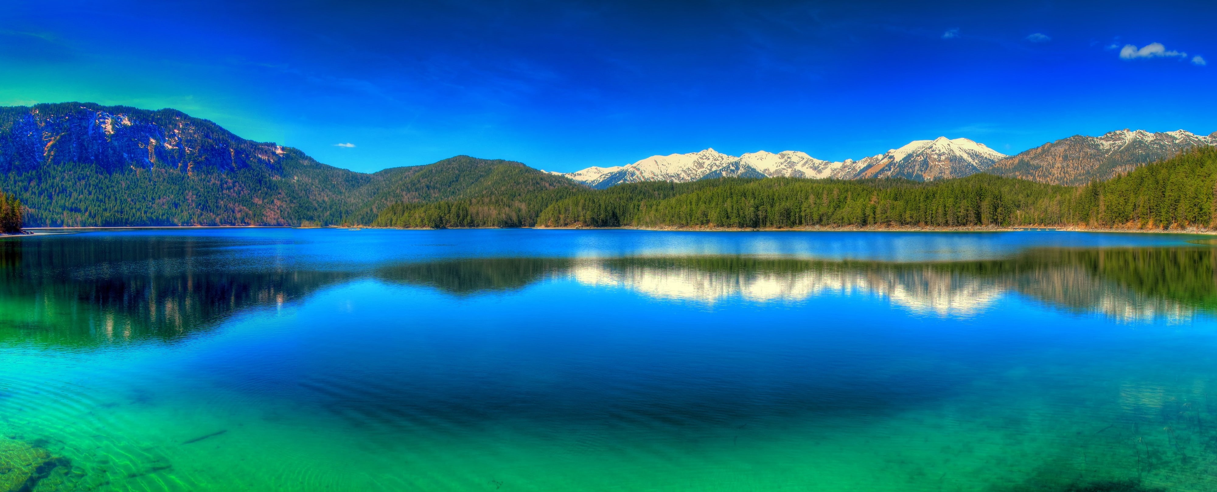 blue, forest, nature, reflection, outdoors, landscape, Germany, lake, panoramas, tree, mountains, mountain, snowy peak, green, scenics - nature, no people, HD Wallpaper