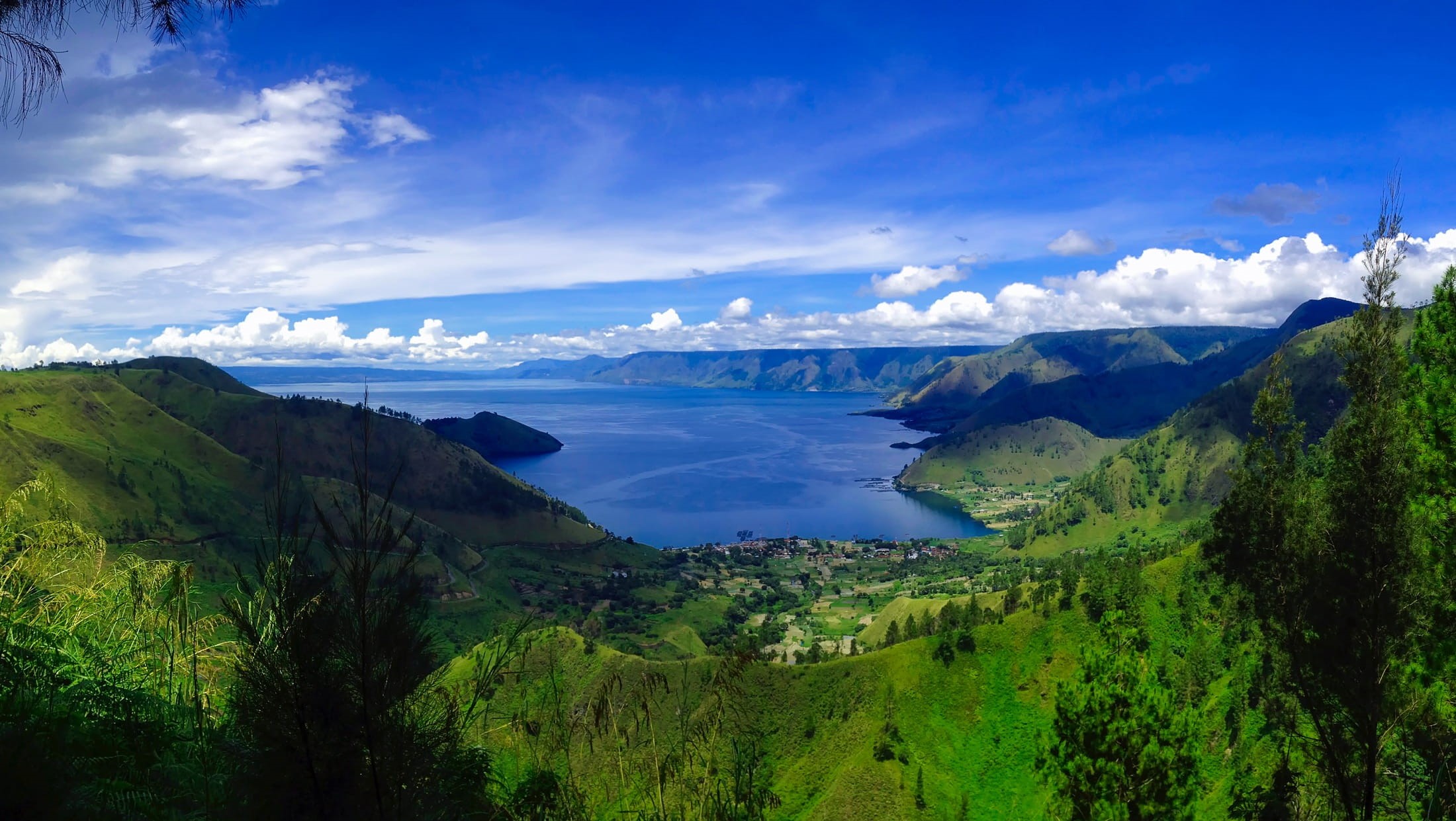 panorama, indonesia, scenic, nature, non-urban scene, tranquility, 1080P, valley, no people, lake toba, water, sea, clouds, sky, mountain, trees, rural, HD Wallpaper