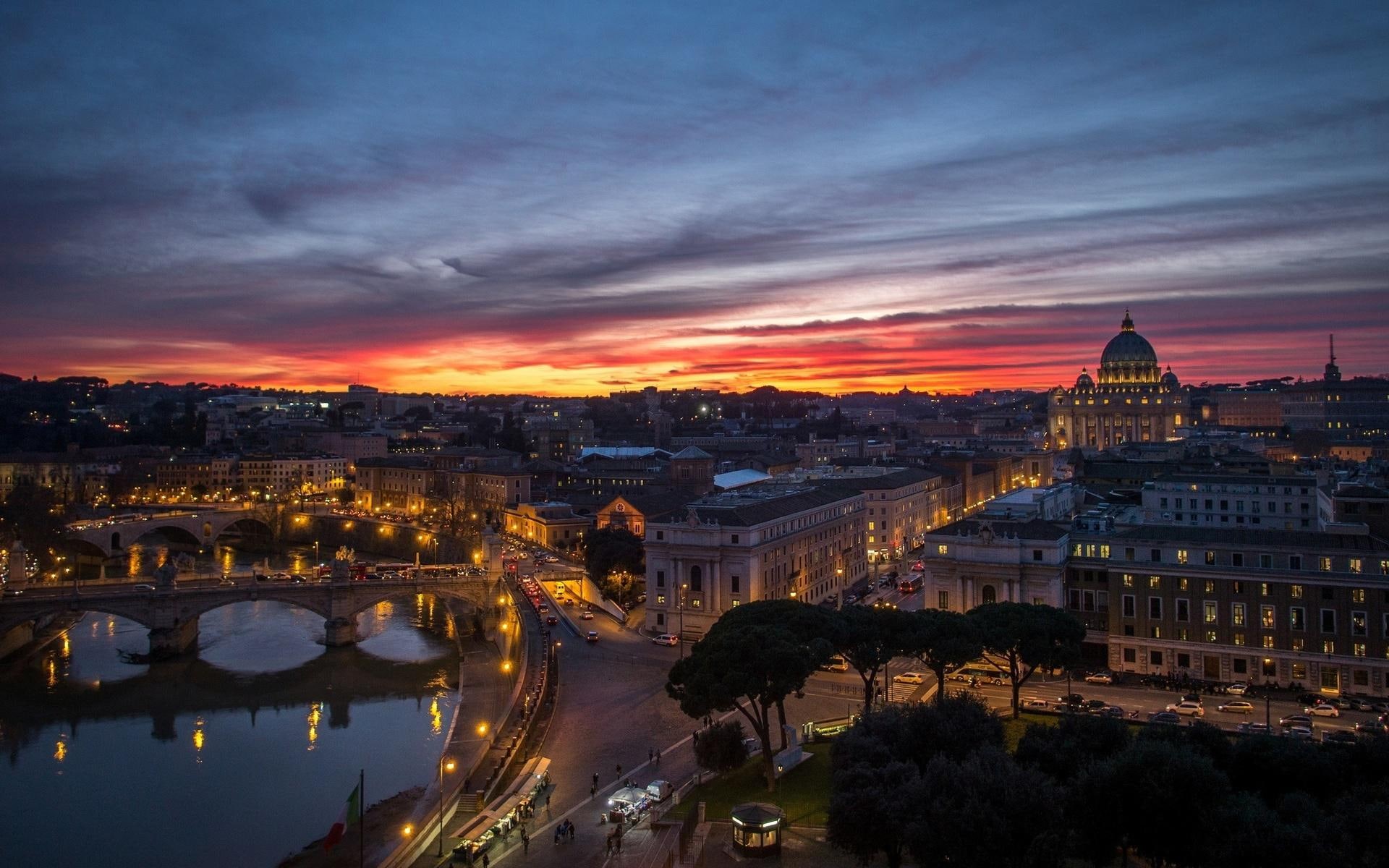 rome, houses, cities, night, sunset, city, buildings, 1080P, vatican, reflection, background, panorama, photo, HD Wallpaper