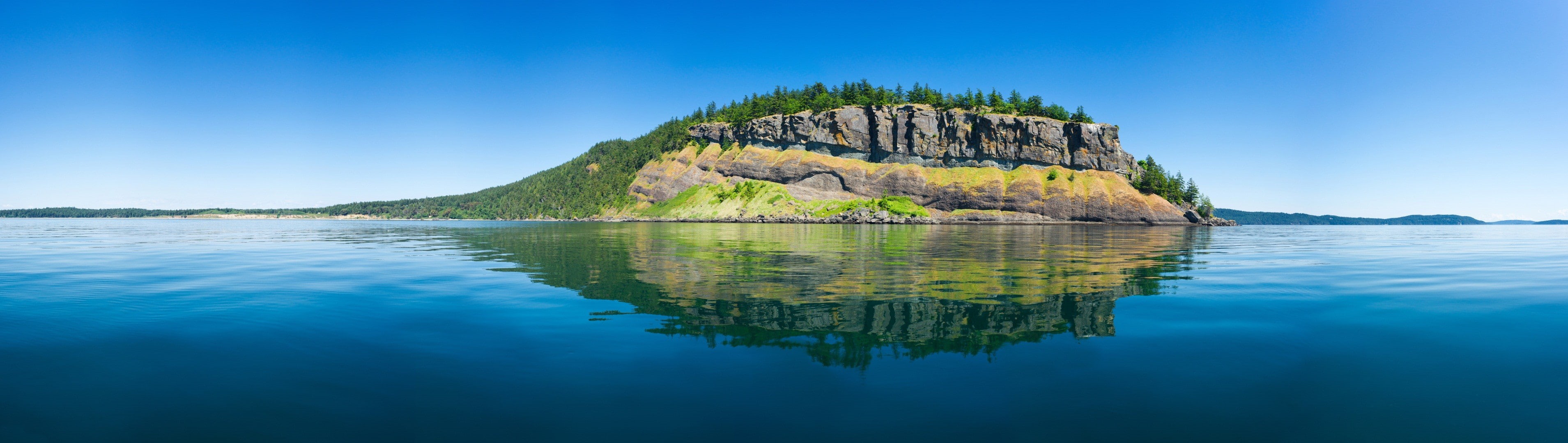 green, lake, sea, reflection, sky, beach, cliff, landscape, turquoise colored, island, water, 2K, forest, nature, scenics - nature, no people, panoramas, HD Wallpaper