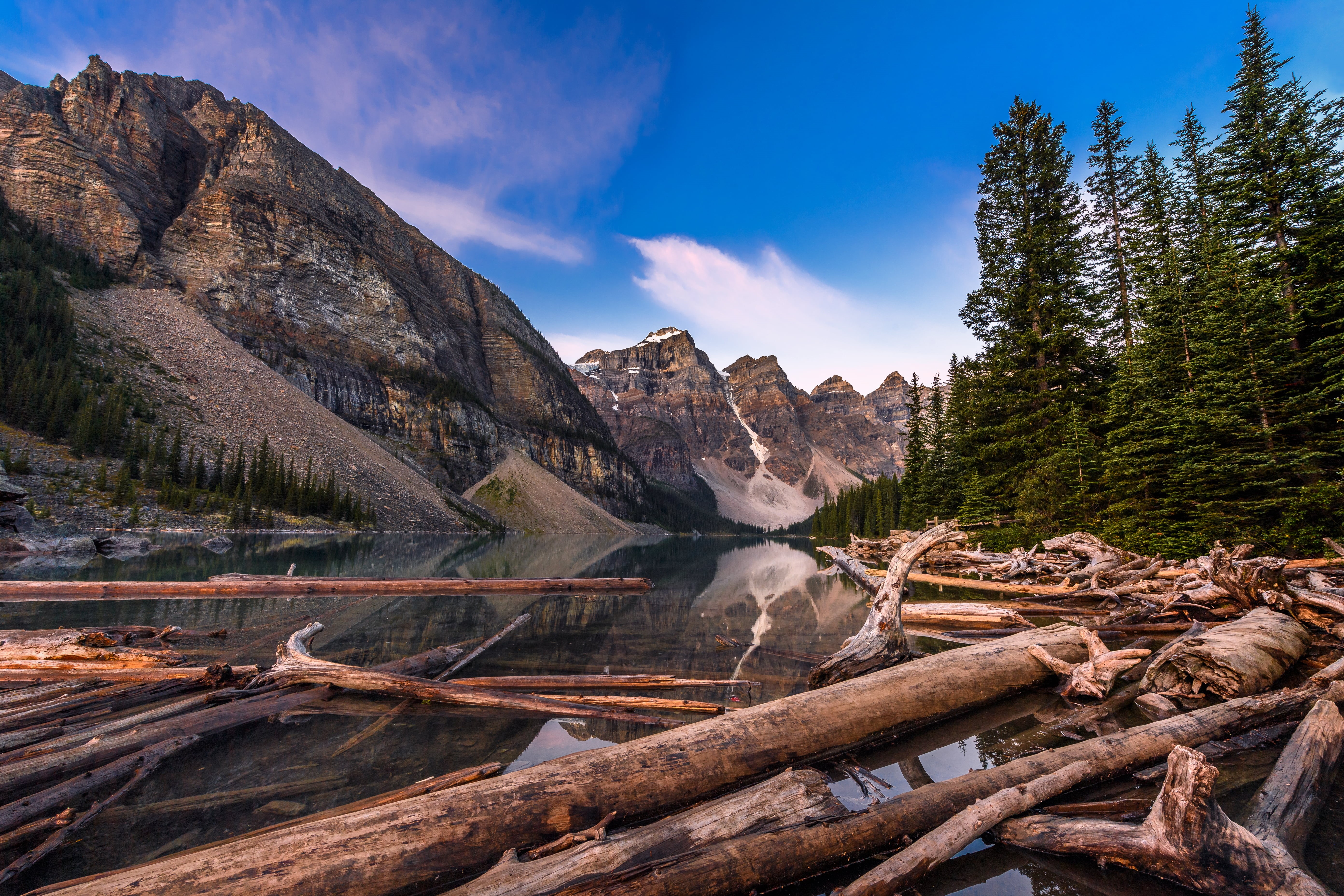 national, tree, landscape, water, brown, scenics, nature, logs, cut, forest, Alberta, mountain, daytime, Banff National Park, Canada, sunrise, 5K, park, HD Wallpaper