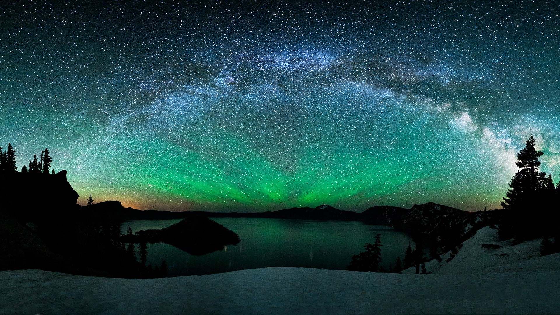astronomy, tranquility, nature, scenics - nature, mountain, night, astrology, no people, idyllic, aurorae, milky way, star - space, lake, star, green, 1080P, HD Wallpaper