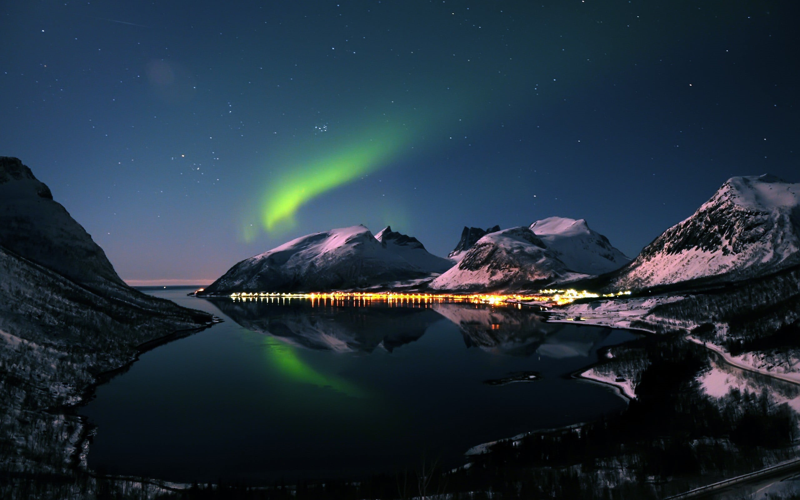 water, cold temperature, borealis, landscape, scenics - nature, winter, photography, mountain, astronomy, aurora polaris, green, aurorae, star - space, HD Wallpaper