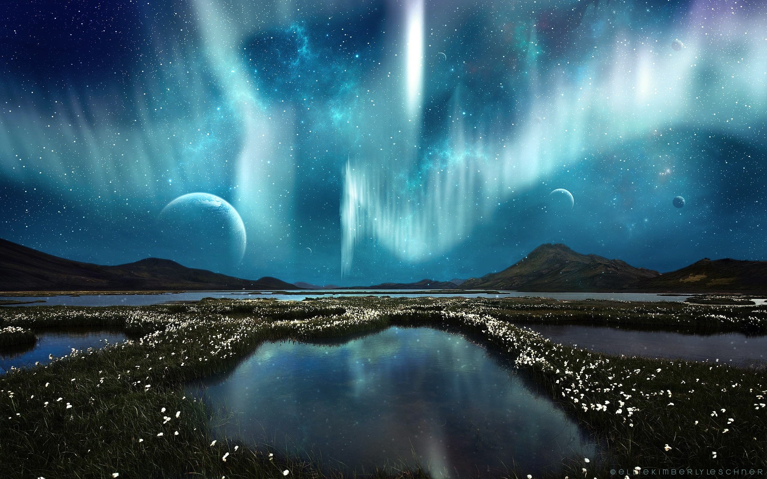 night, fantasy, lights, borealis, 2K, northern, grass, landscape, stars, marsh, hd, aurora, planets, flowers, HD Wallpaper