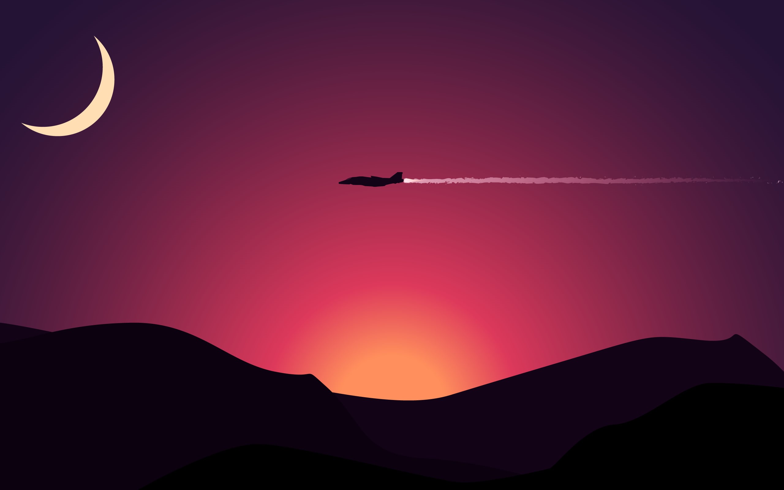 minimalism, 2K, jet fighter, mountains, artwork, contrails, digital art, Moon, 350r (Star Citizen), landscape, aircraft, HD Wallpaper