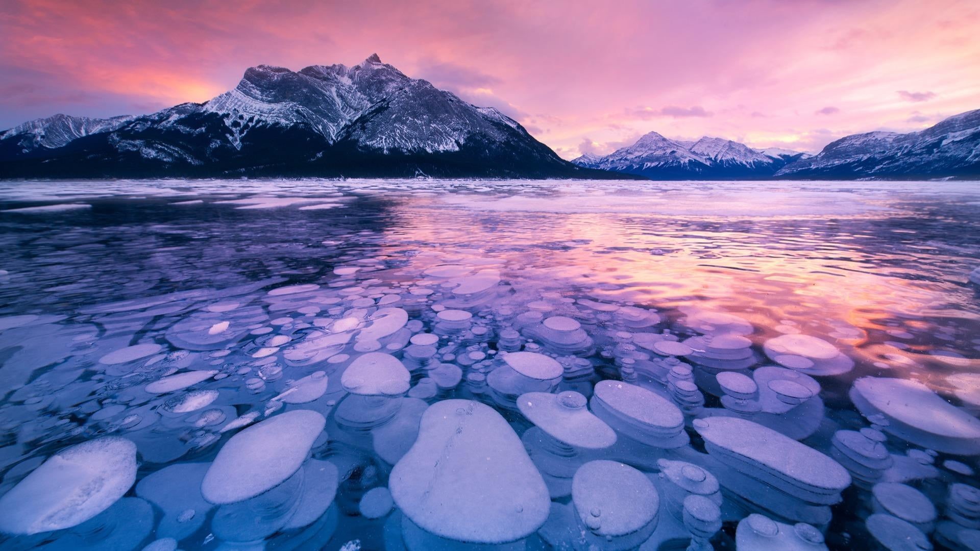 tranquil scene, purple, nature, 1080P, landscape, frozen bubbles, clearwater county, national park, alberta, environment, sky, canada, bubbles, banff national park, HD Wallpaper