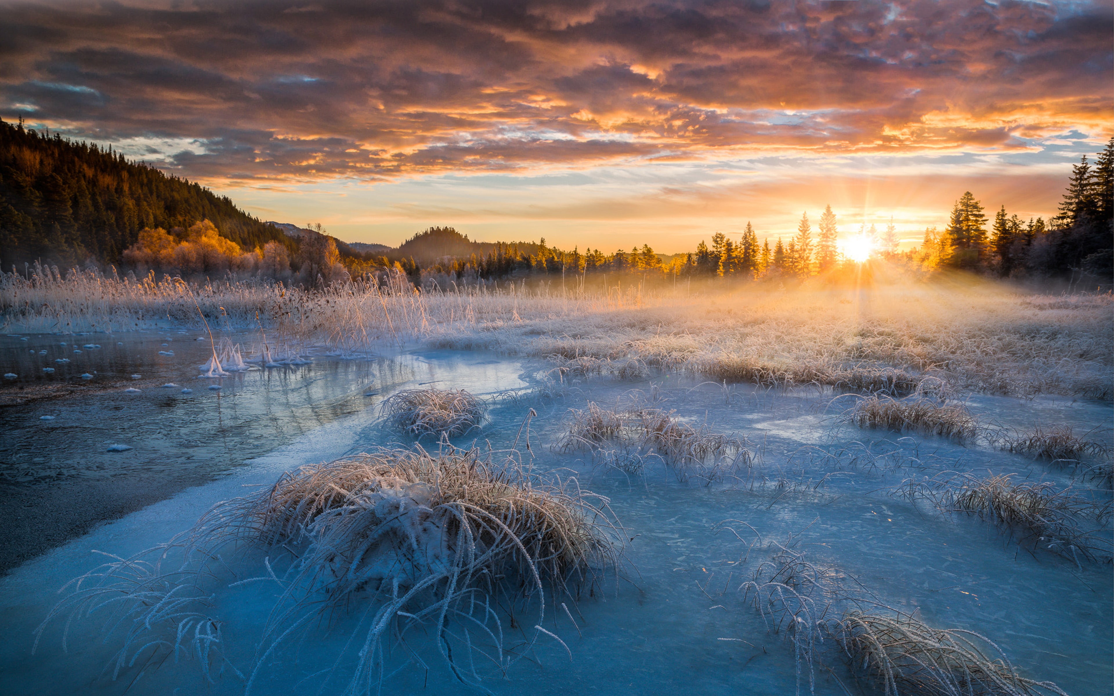 hd, sky, norway, snow, desktop, morning, sunrise, nature, lake, winter, clouds, ice, photography, landscape, 4K, frozen, HD Wallpaper