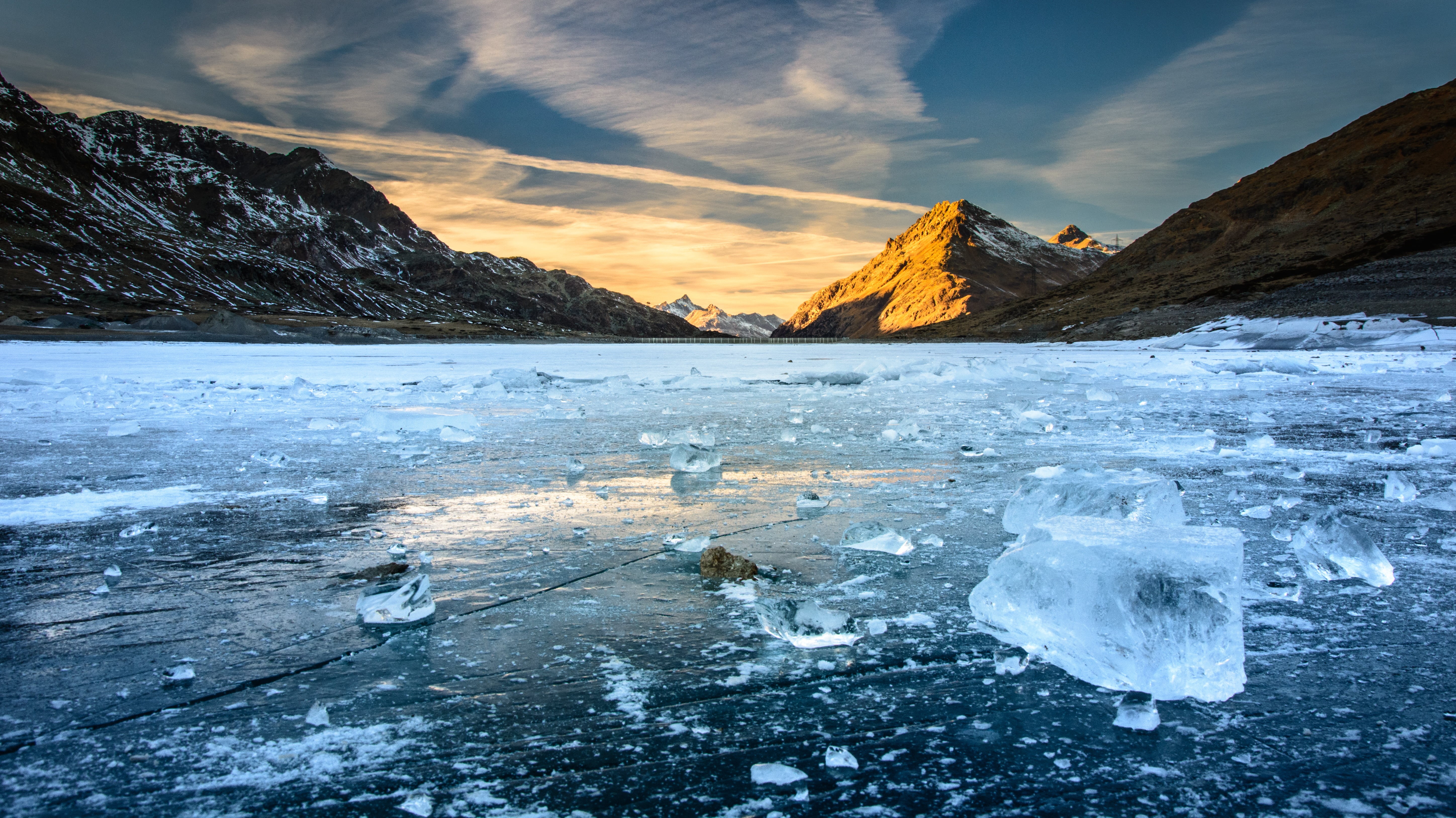 outdoors, Switzerland, iceland, 5K, scenics, Bergsee, glacier, ice, twilight, cold - Temperature, evening light, Frozen Lake, Schweiz, dusk, mountain lake, HD Wallpaper