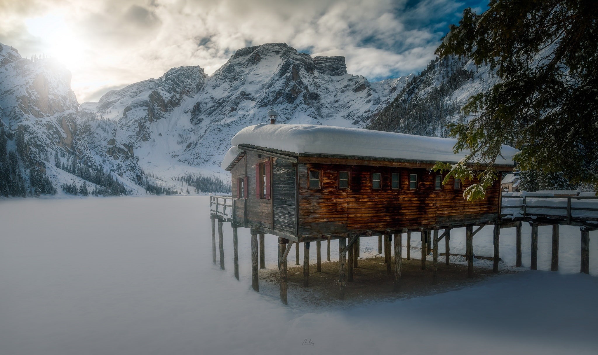 winter, mountains, snow, cabin, ice, lake, 1080P, frozen lake, nature, HD Wallpaper