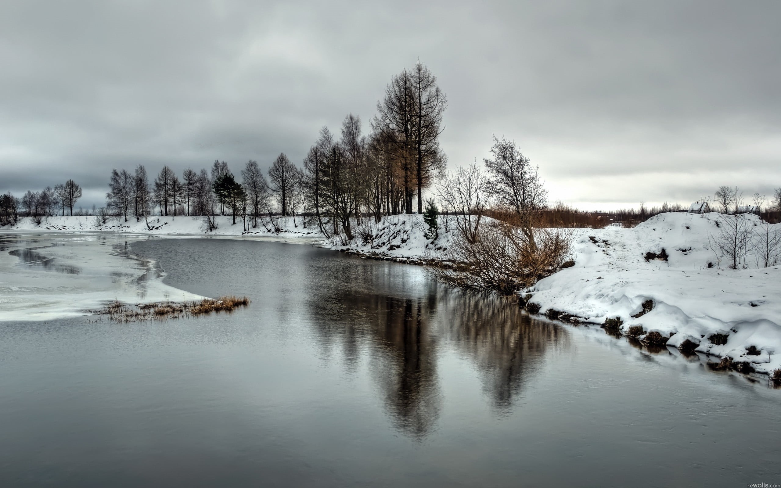 snow, landscape, forest, nature, cold temperature, plant, day, field, outdoors, tranquil scene, lake, river, tranquility, overcast, beauty in nature, no people, HD Wallpaper