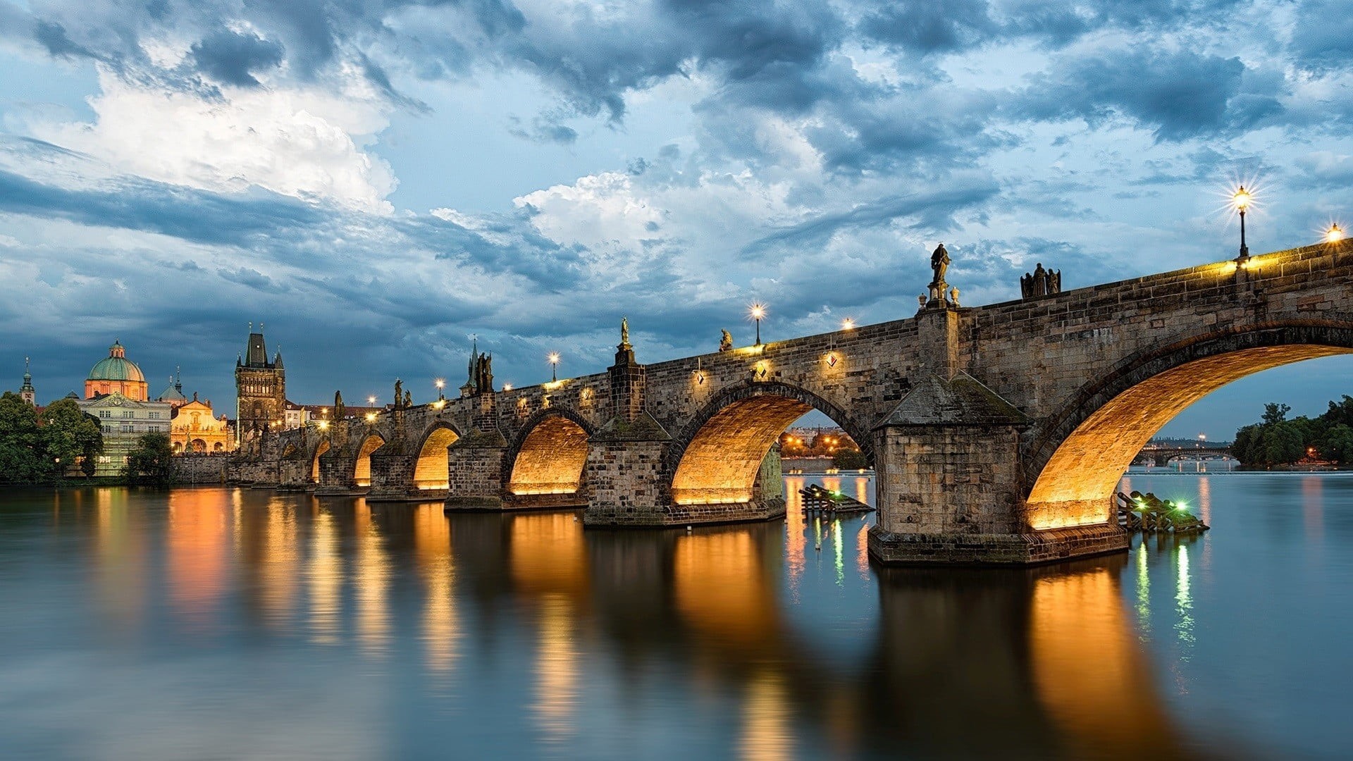 evening, church, no people, water, tower, trees, czech, bridge - man made structure, cityscape, cloud - sky, bridge, clouds, the past, nature, Charles Bridge, HD Wallpaper