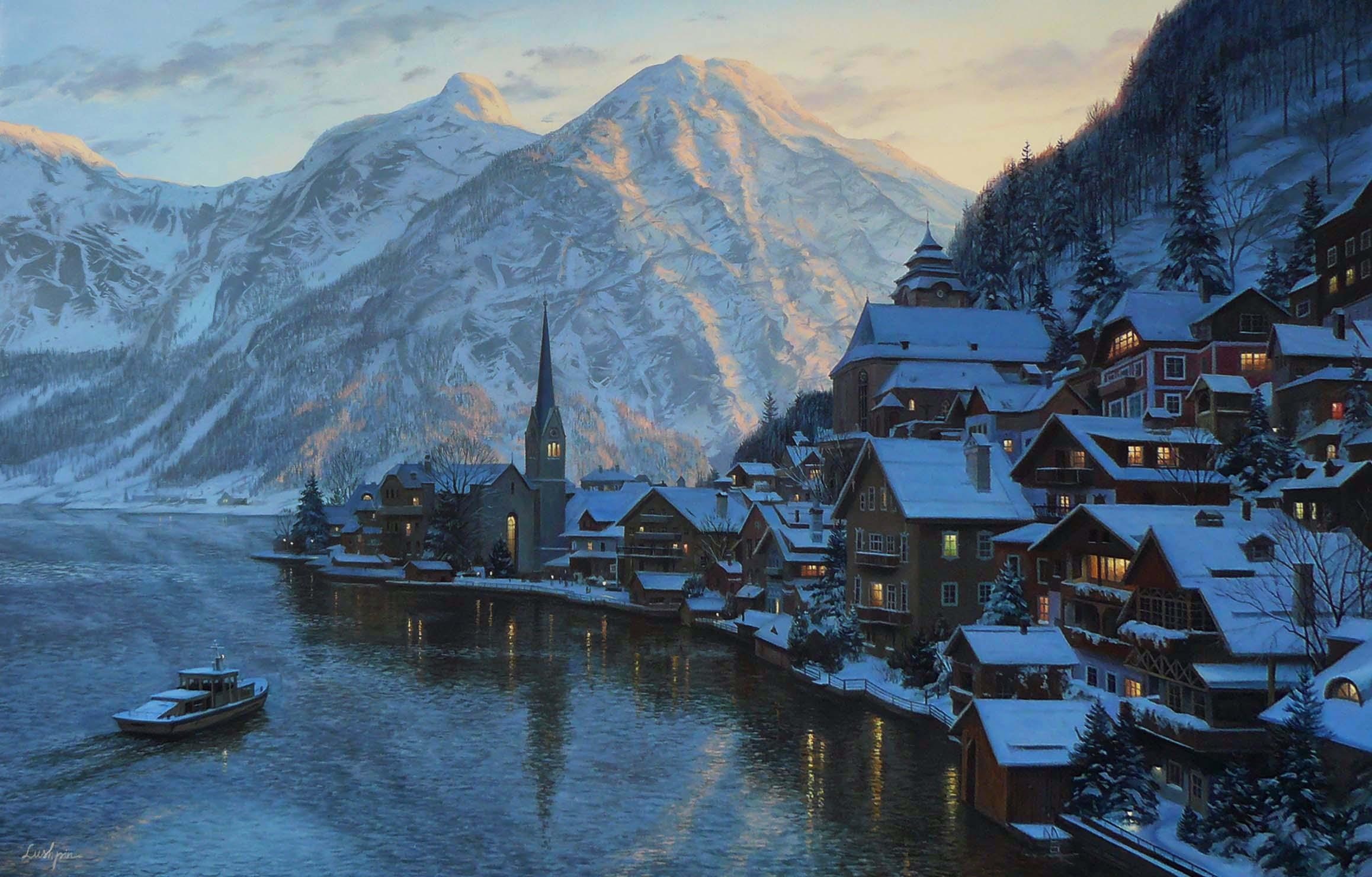 1080P, village, hallstatt, chapel, mountains, mountain, lushpin, alps, eugeny lushpin, lake, eugene lushpin, eugeny, HD Wallpaper