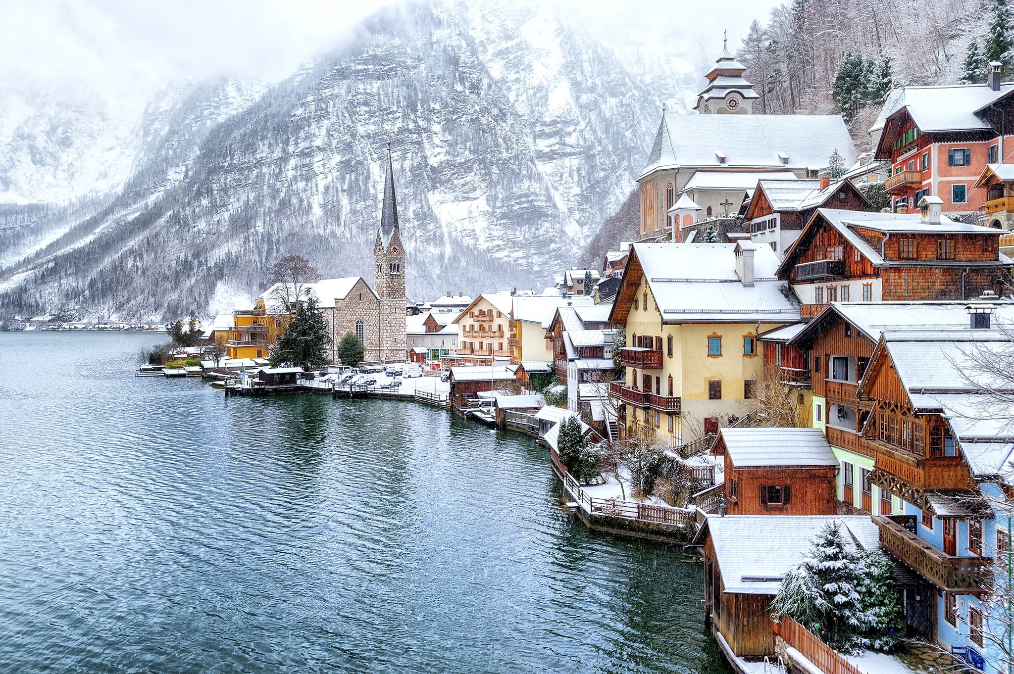 winter, snow, lake, white, 1080P, Hallstatt, home, mountains, trees, brown, Austria, shore, concrete, houses, forest, HD Wallpaper