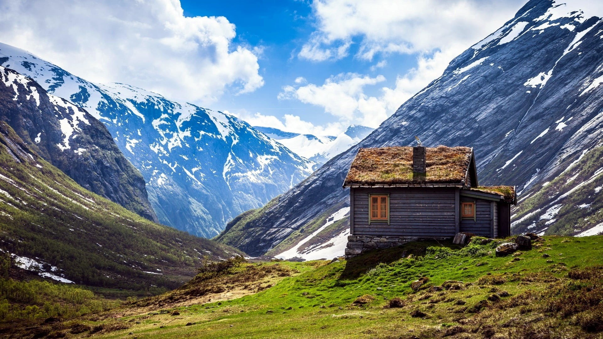 built structure, no people, cloud - sky, snow, gray, 1080P, hills, scenics - nature, snowcapped mountain, building exterior, landscape, outdoors, grass, HD Wallpaper