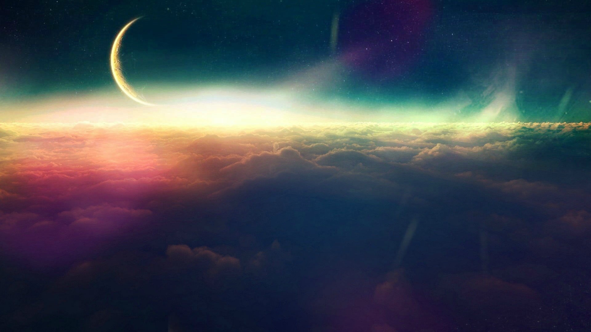 outdoors, beauty in nature, no people, astronomy, planet - space, clouds, landscape, space, night, eclipse, fantasy art, digital composite, tranquility, HD Wallpaper