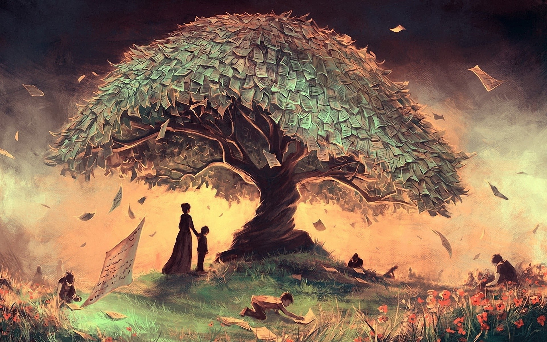 digital art, Reading, Trees, artwork, fantasy Art, grass, People, paper, women, flowers, Silhouette, AquaSixio, Sheet, children, field, painting, 1080P, HD Wallpaper