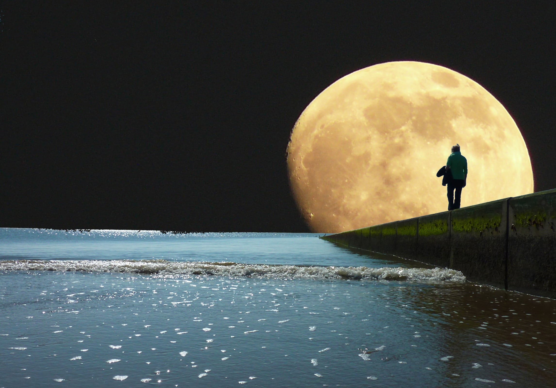full moon, tranquility, 1080P, moon, water, calm, staring, dark, copy space, sky, evening, leisure activity, full length, sea, mirroring, night, one person, HD Wallpaper