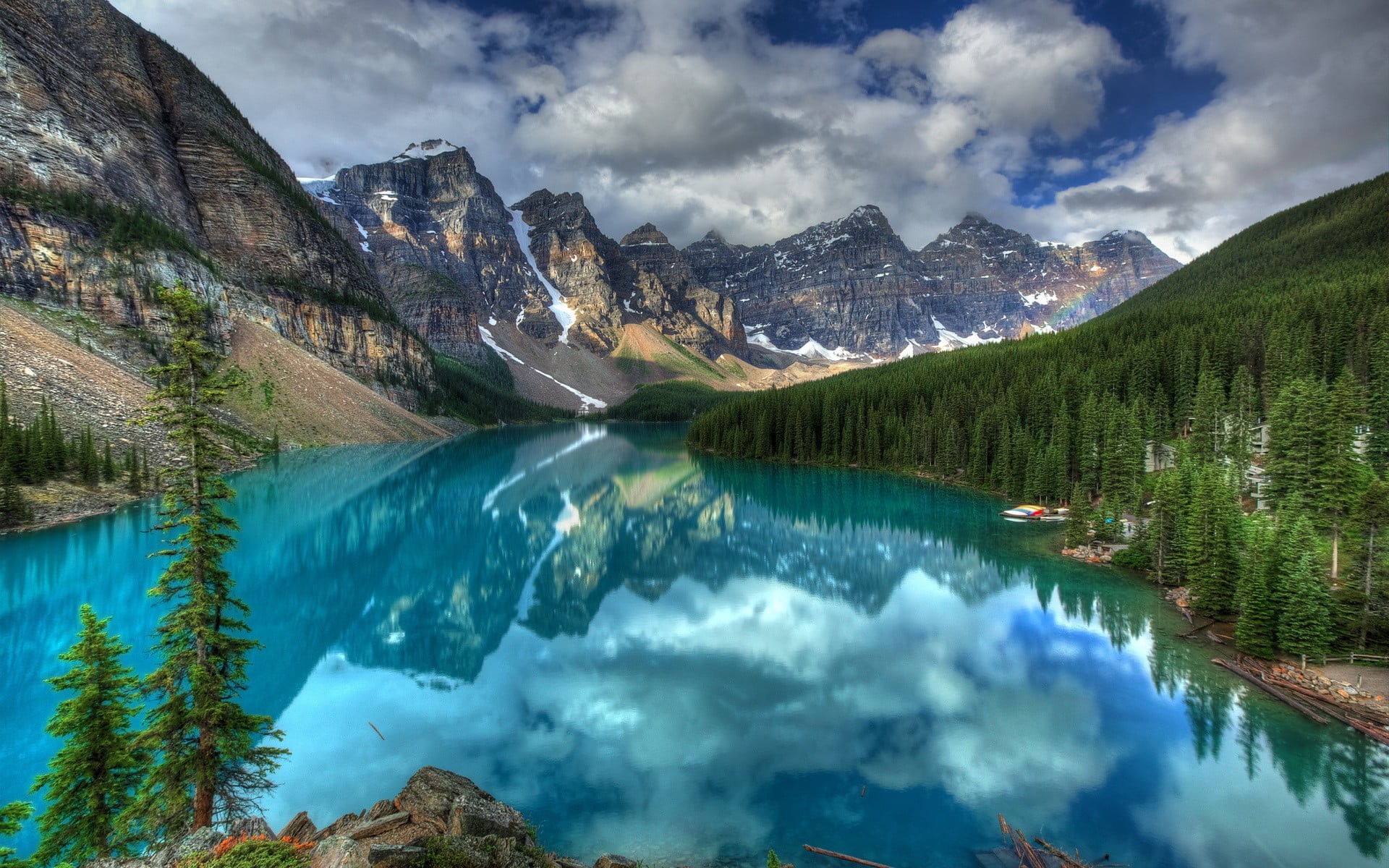 Moraine Lake, day, scenics - nature, mountains, non-urban scene, green color, no people, nature, lake, sky, 1080P, outdoors, mountain peak, cloud - sky, HD Wallpaper