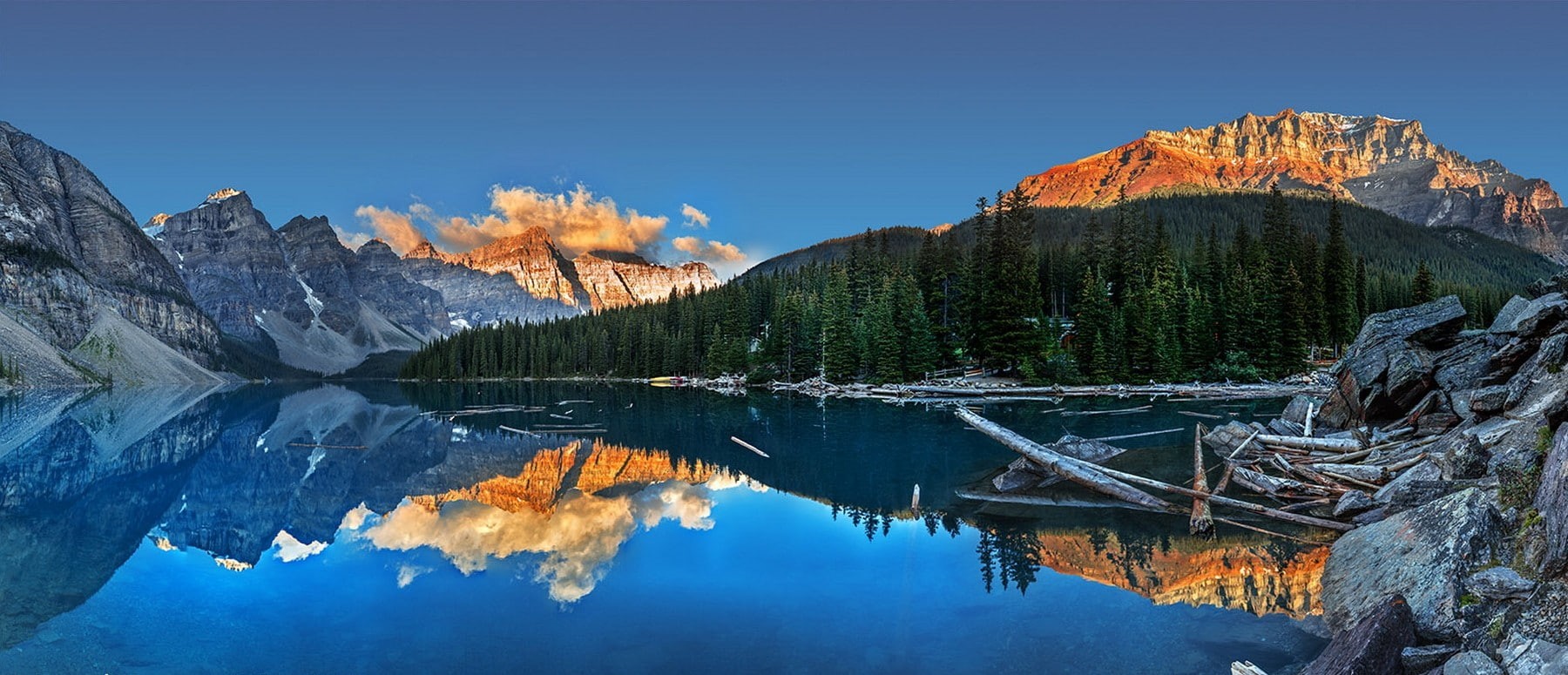 outdoors, cliff, scenics - nature, sunset, no people, environment, mountain peak, reflection, pine woodland, Moraine Lake, blue, pine tree, mountains, sky, HD Wallpaper
