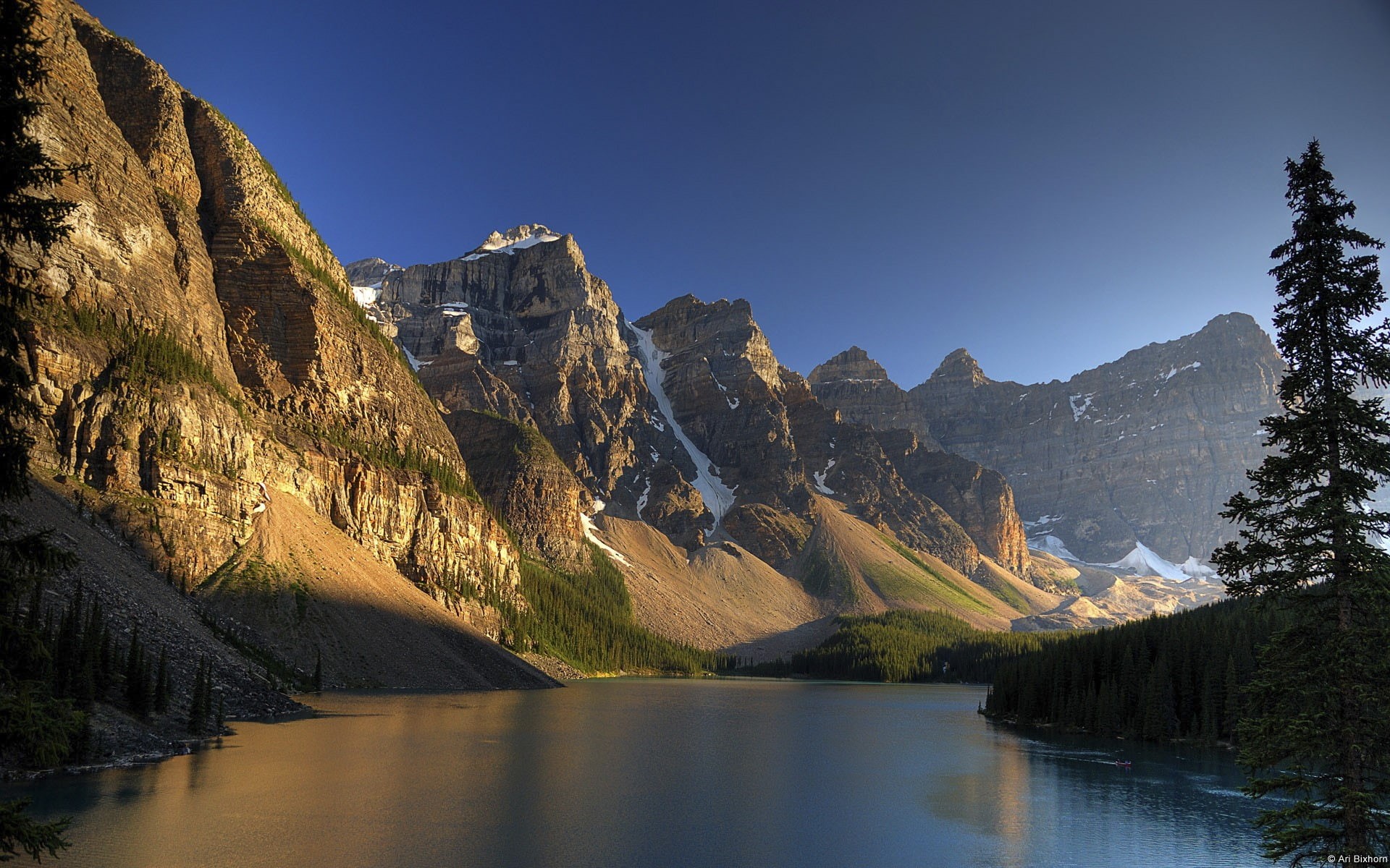 beauty in nature, sky, 1080P, banff, hd, nature, coniferous tree, river, outdoors, tree, no people, rock, clear sky, blue, moraine, tranquility, scenics - nature, HD Wallpaper