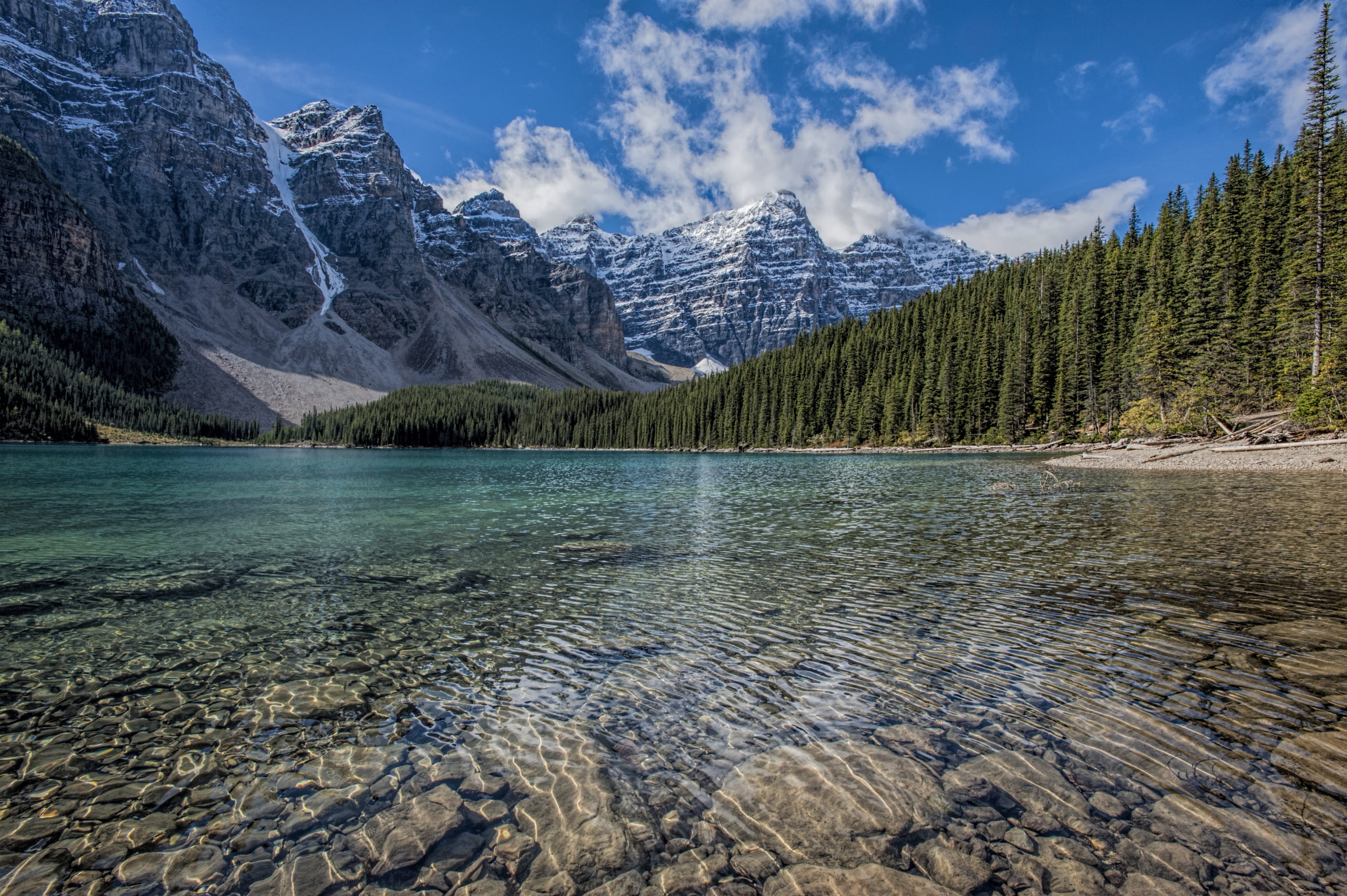 tranquility, snowcapped mountain, nature, scenics - nature, canadian rockies, beauty in nature, idyllic, 4K, water, mountain, plant, moraine lake road, HD Wallpaper