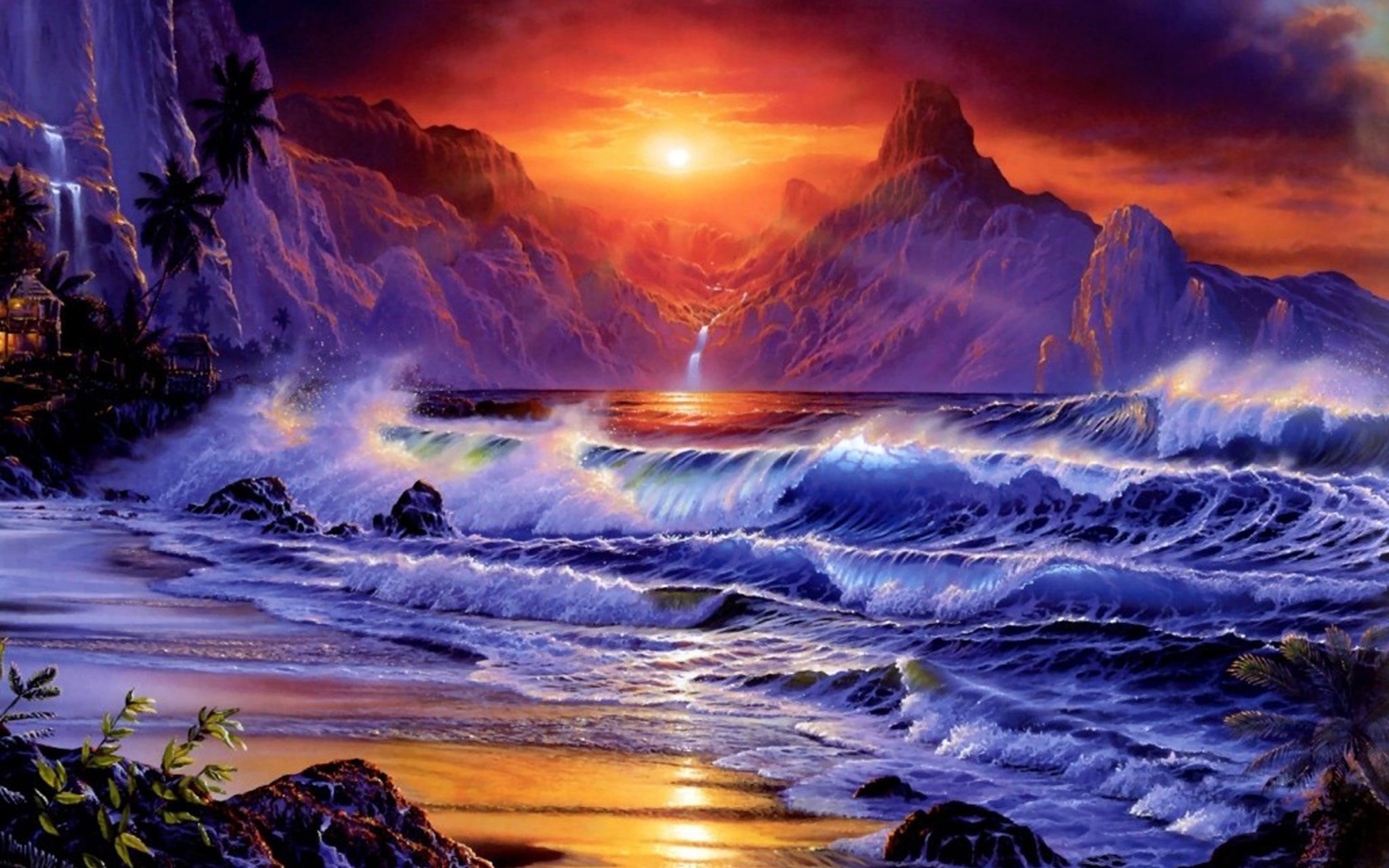 mountain, tranquility, beauty in nature, orange color, beautiful, cloud - sky, shore, non-urban scene, sea, sky, hd, mountains, motion, red, sun, waves, HD Wallpaper